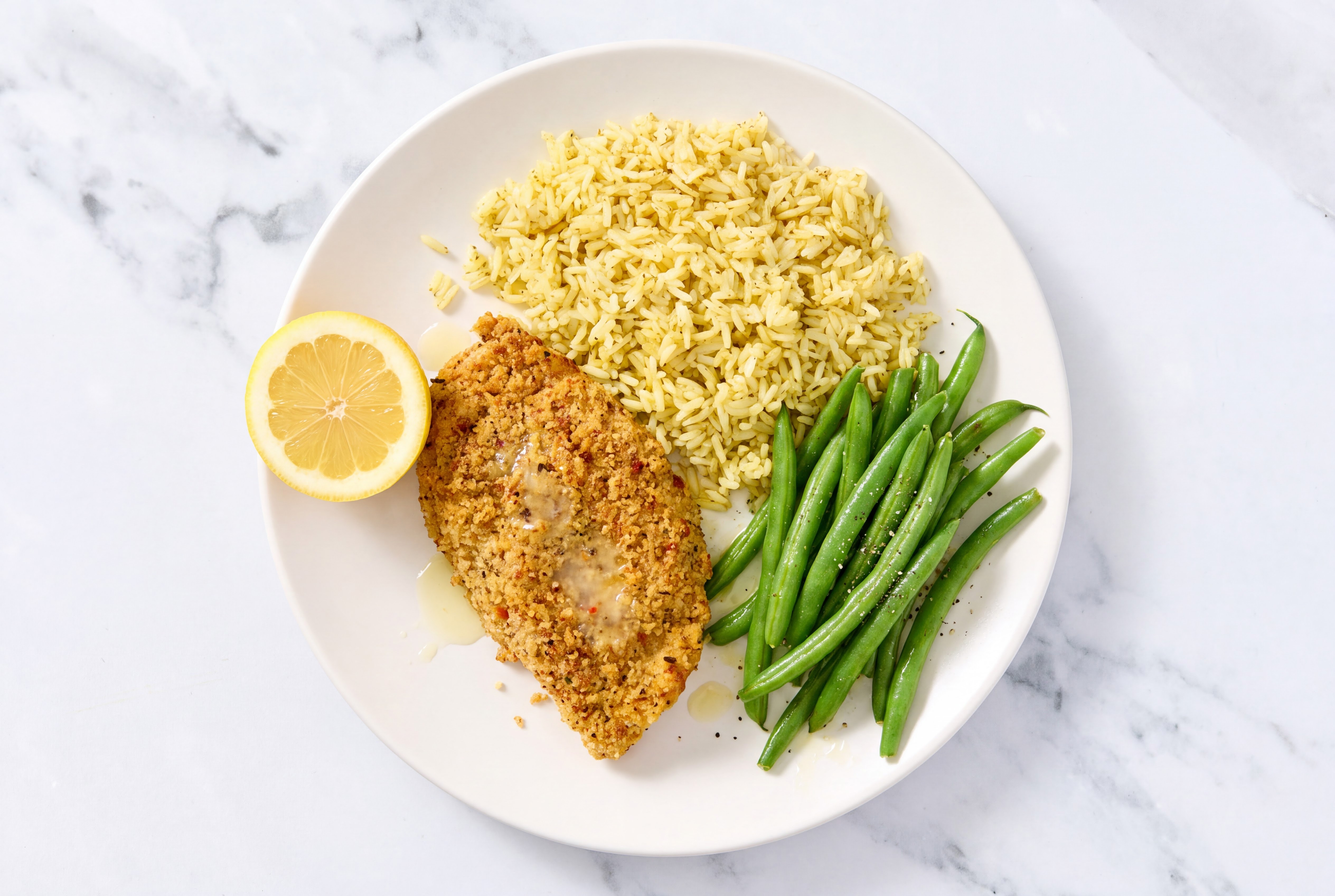 Lemon Parmesan Breaded Chicken Cutlet with Organic Green Beans & Jasmine Rice