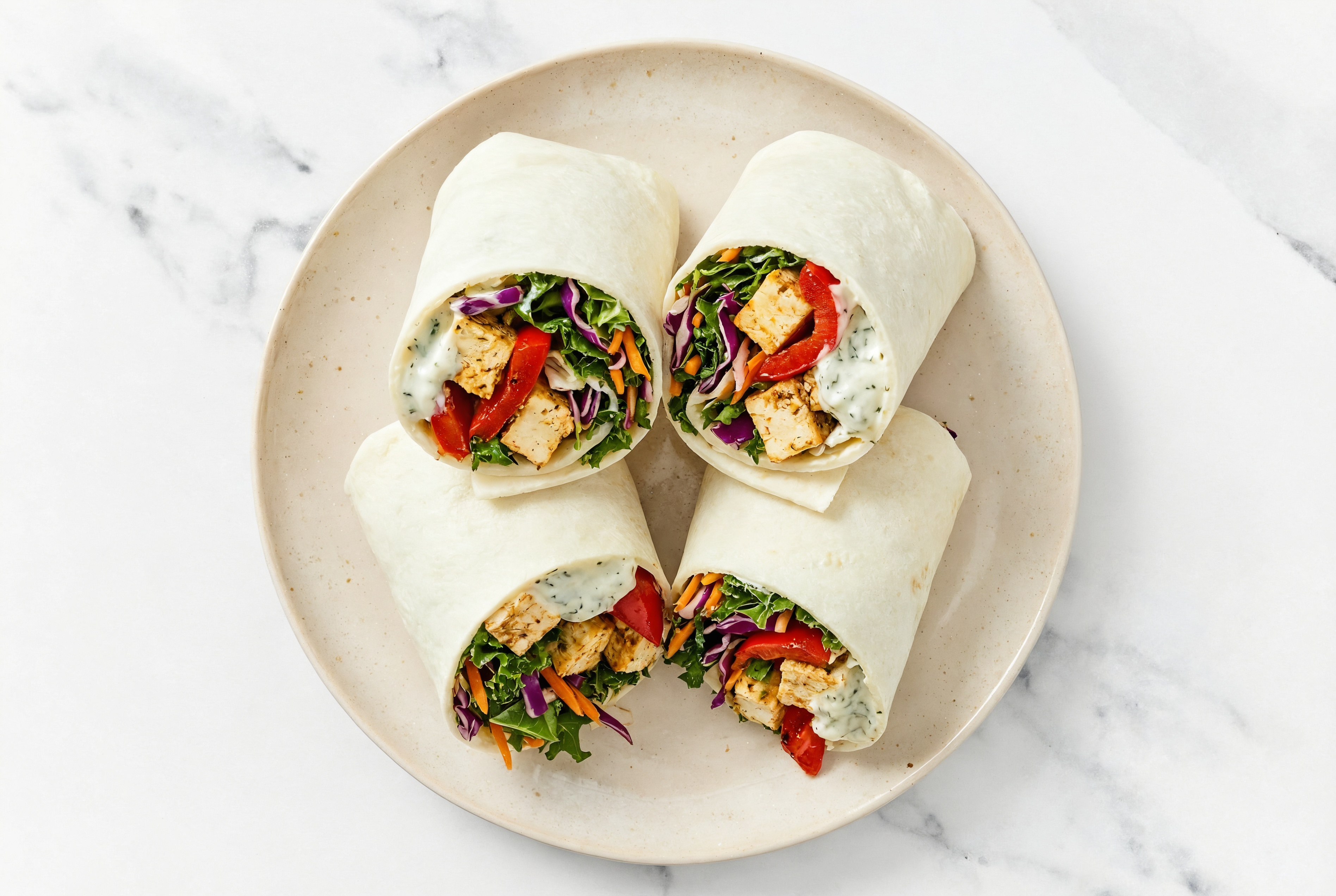 Tzatziki Spiced Tofu + Roasted Pepper Wraps with Rainbow Veggies