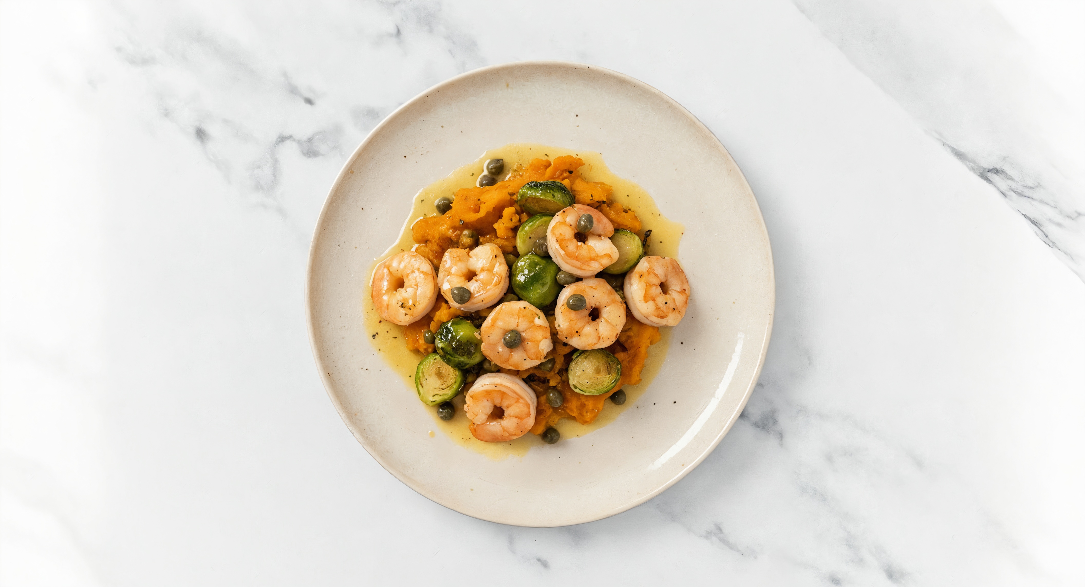 Caper-Slow Churned Pasture Butter Shrimp with Sweet Potato & Brussels