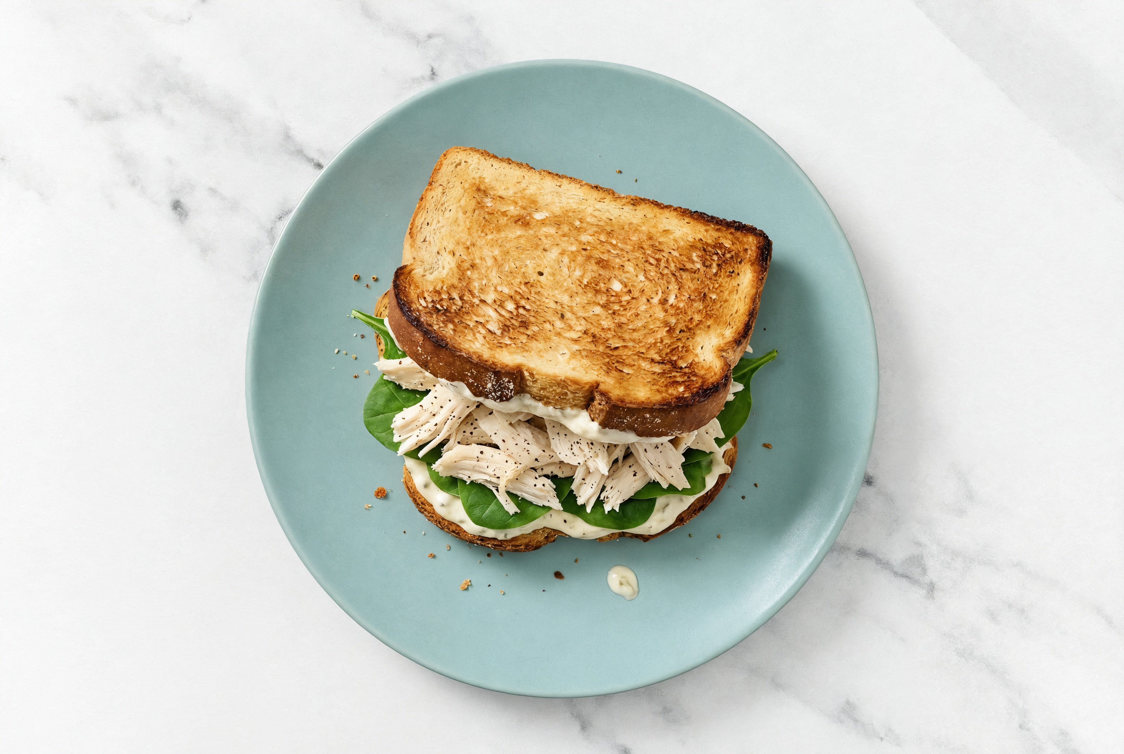 Pulled Chicken & Creamy Garlic Sandwich on White with Baby Spinach