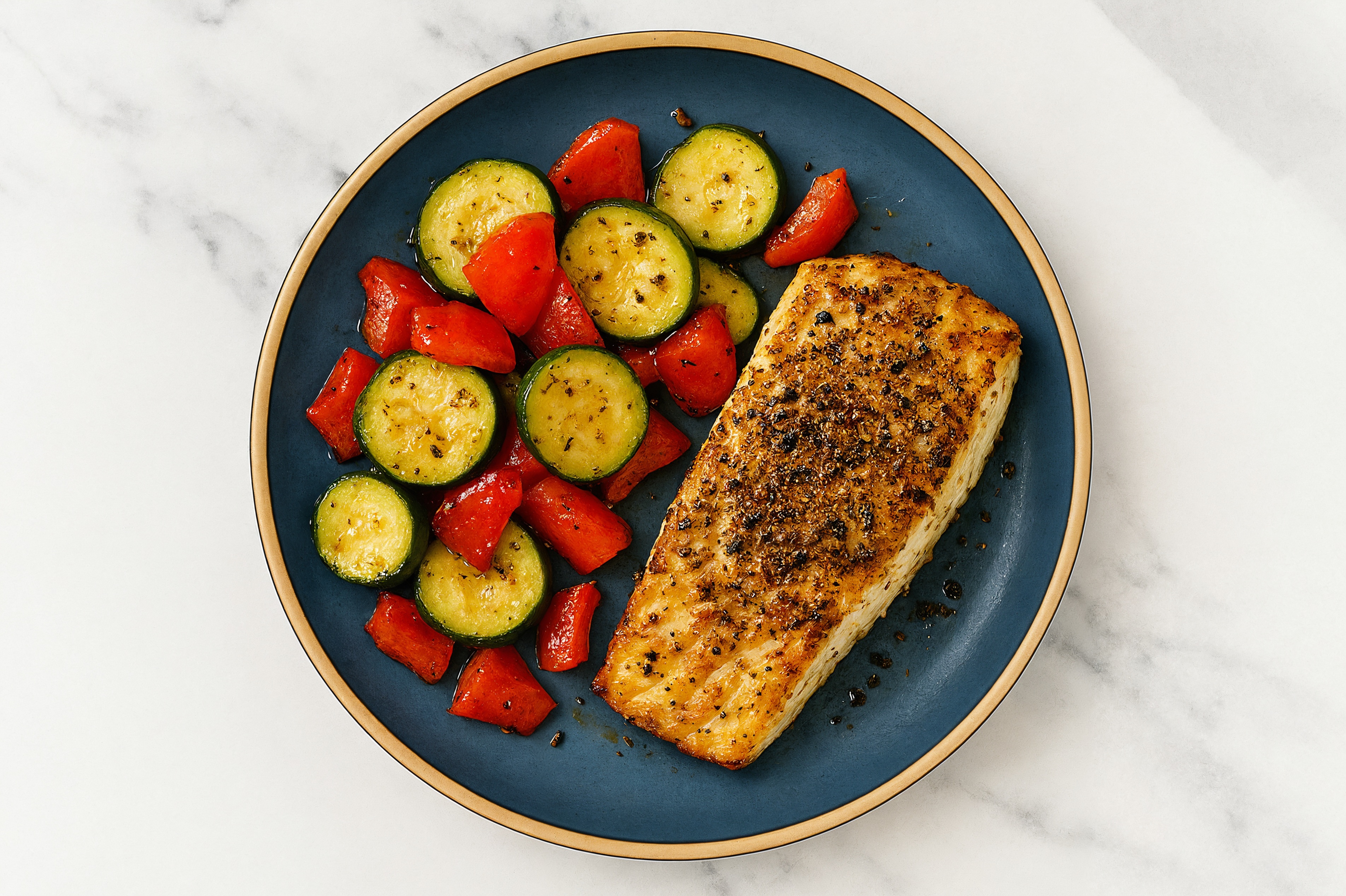 Balsamic Wild Halibut with Sautéed Organic Peppers + Zucchini