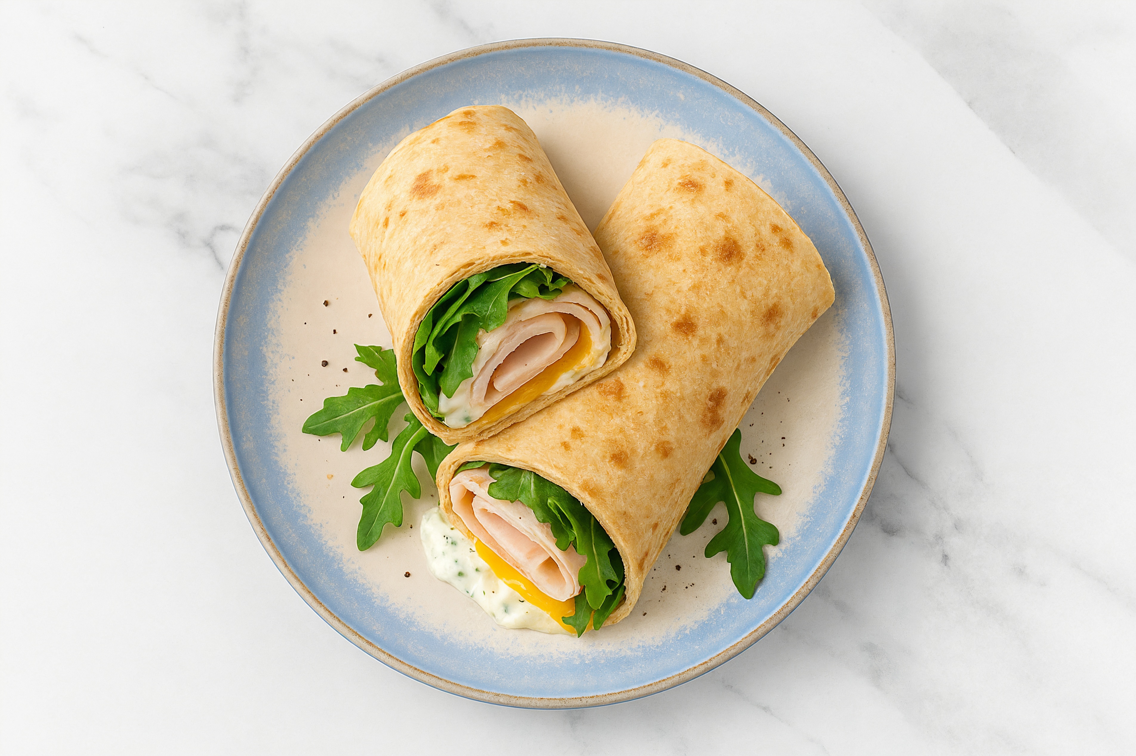 Creamy Oven Roasted Breast Turkey + Cheddar Tortilla Wraps with Arugula