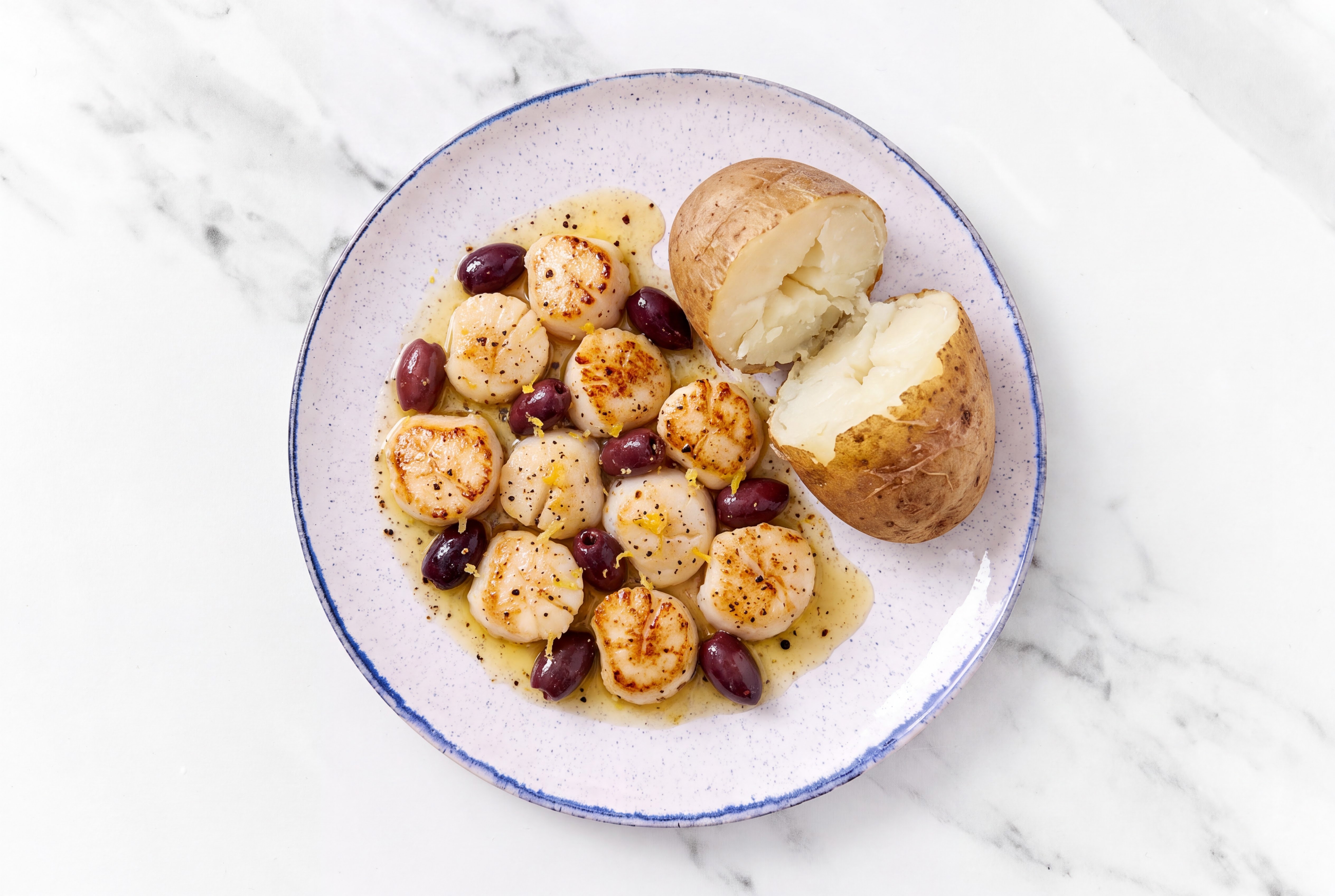 Buttery Slow Churned Lemon & Peppercorn Pasture Butter Pepper Jumbo Scallops + Baked Potato