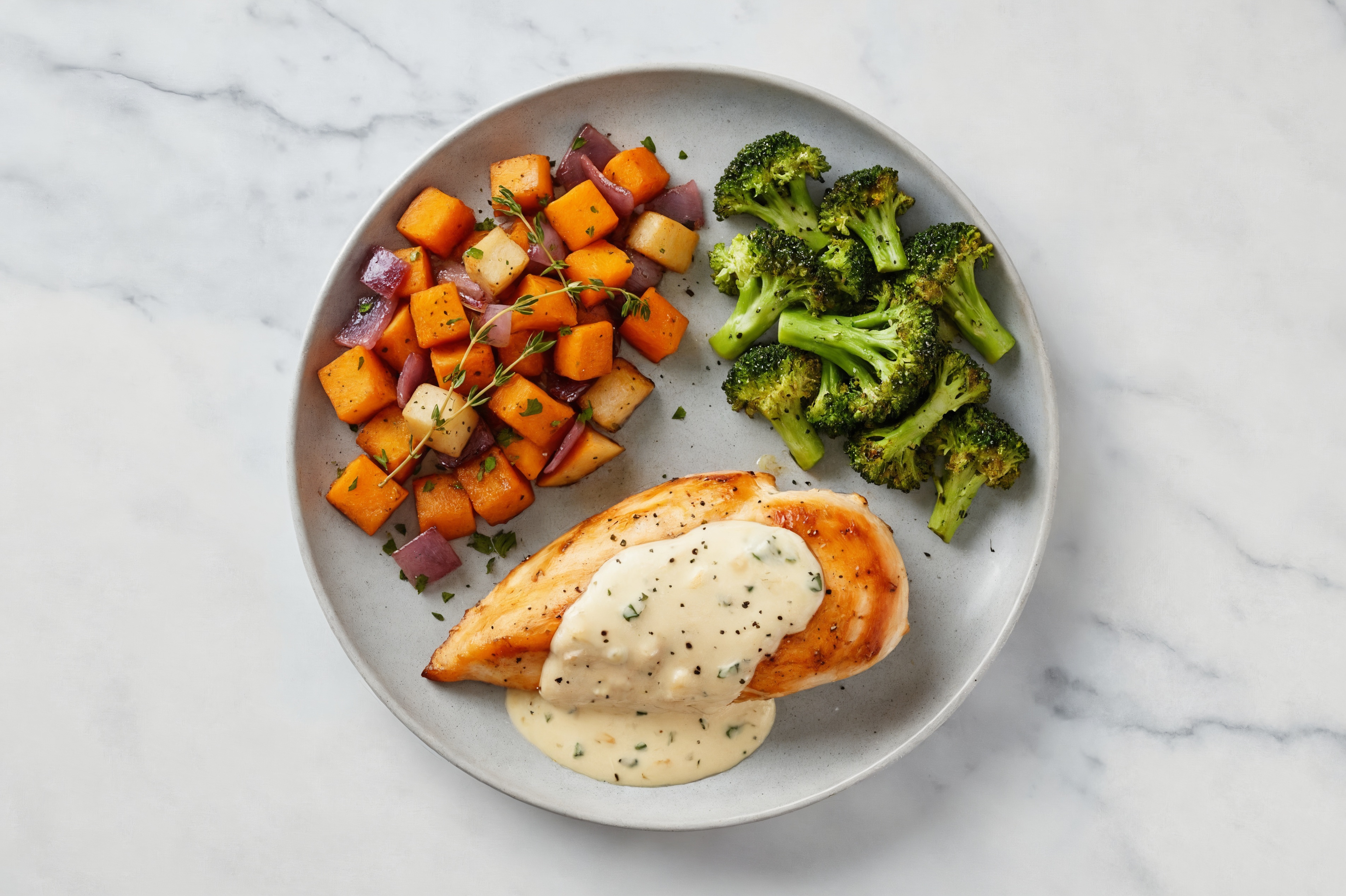 Creamy Parmesan Smothered Chicken Breasts with Broccoli & Roasted Vegetables
