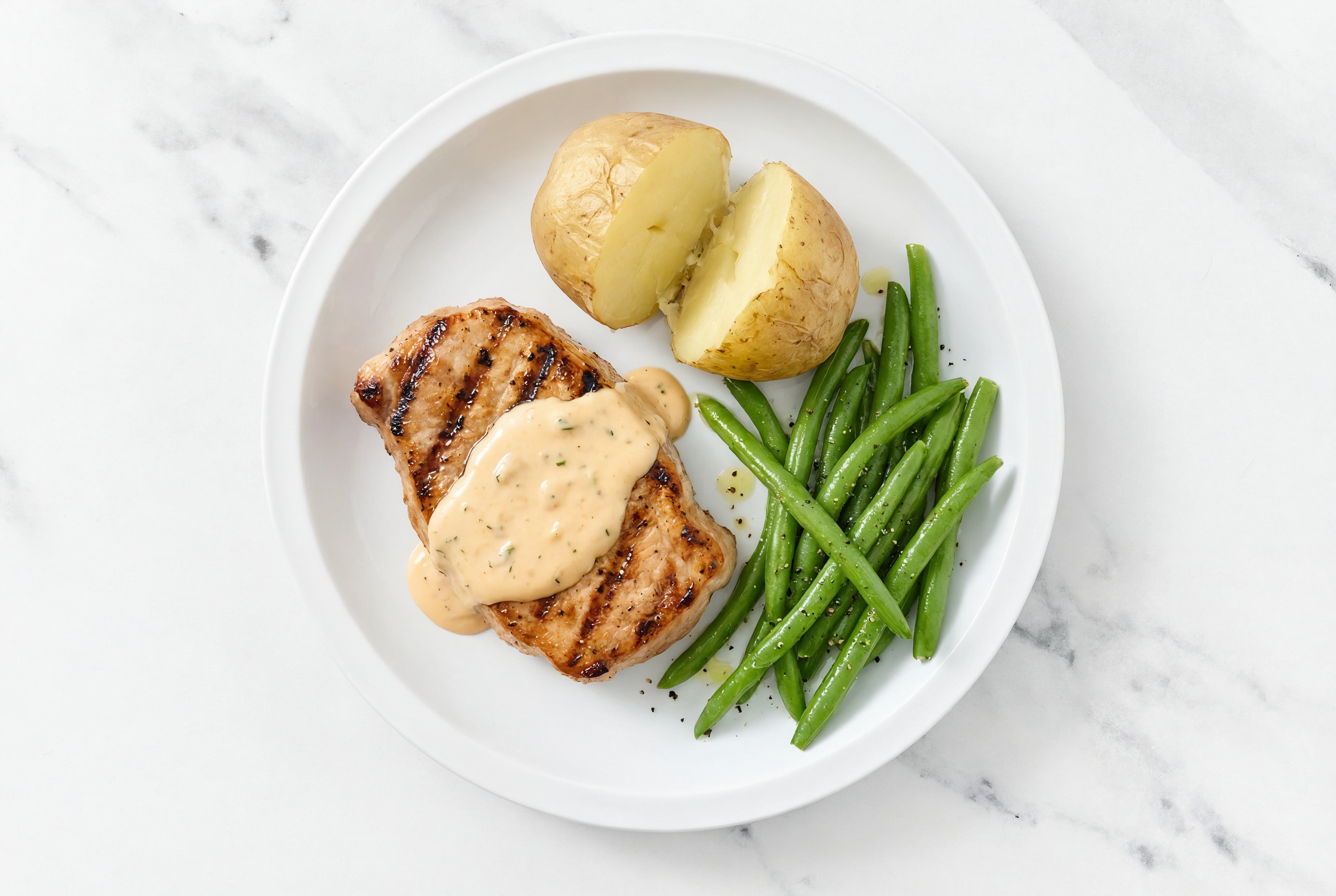 Balsamic Pork Chops with Green Beans + Roasted Russet Potatoes