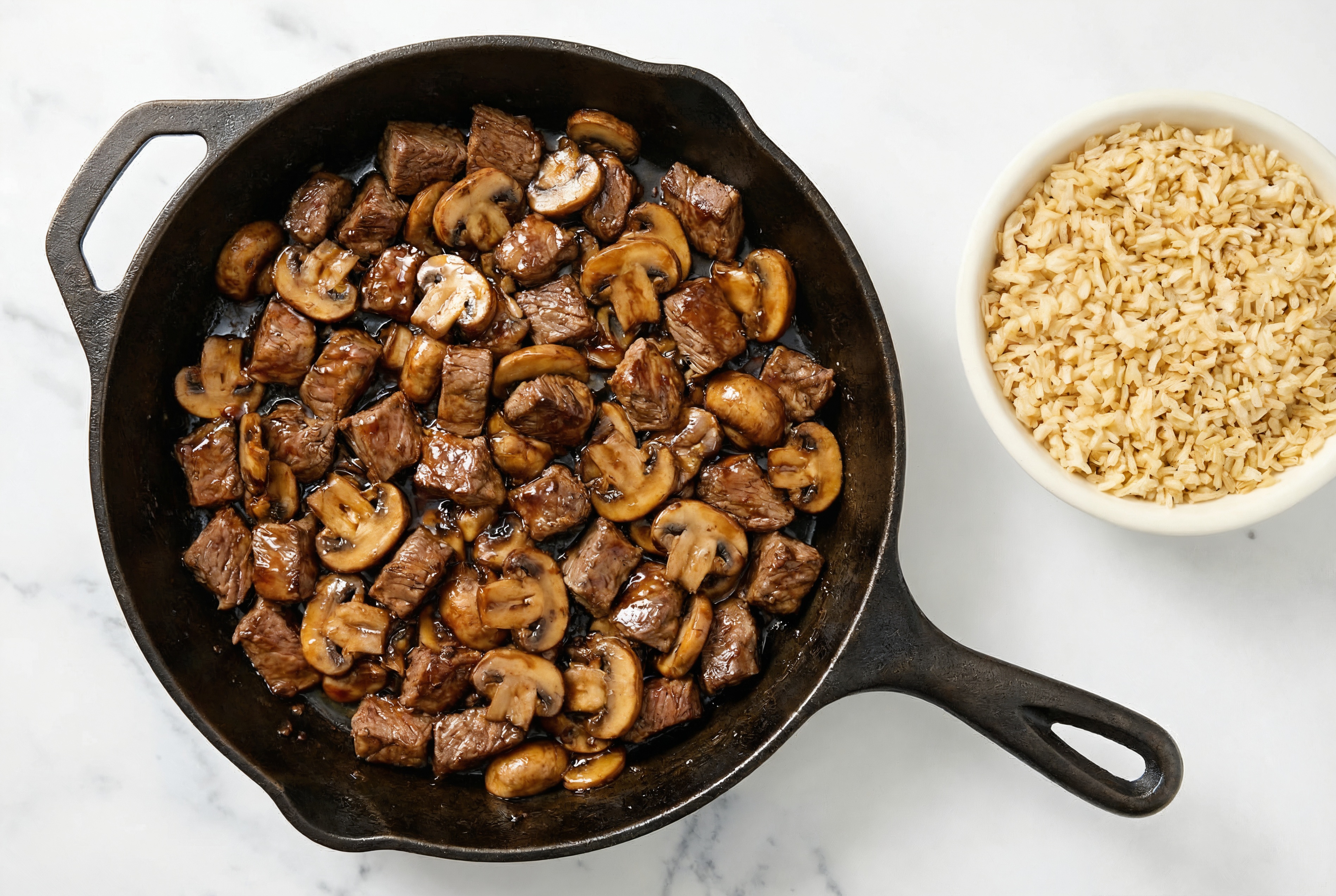 Japanese BBQ Beef Sirloin Stir-Fry with Mushrooms over Brown Rice
