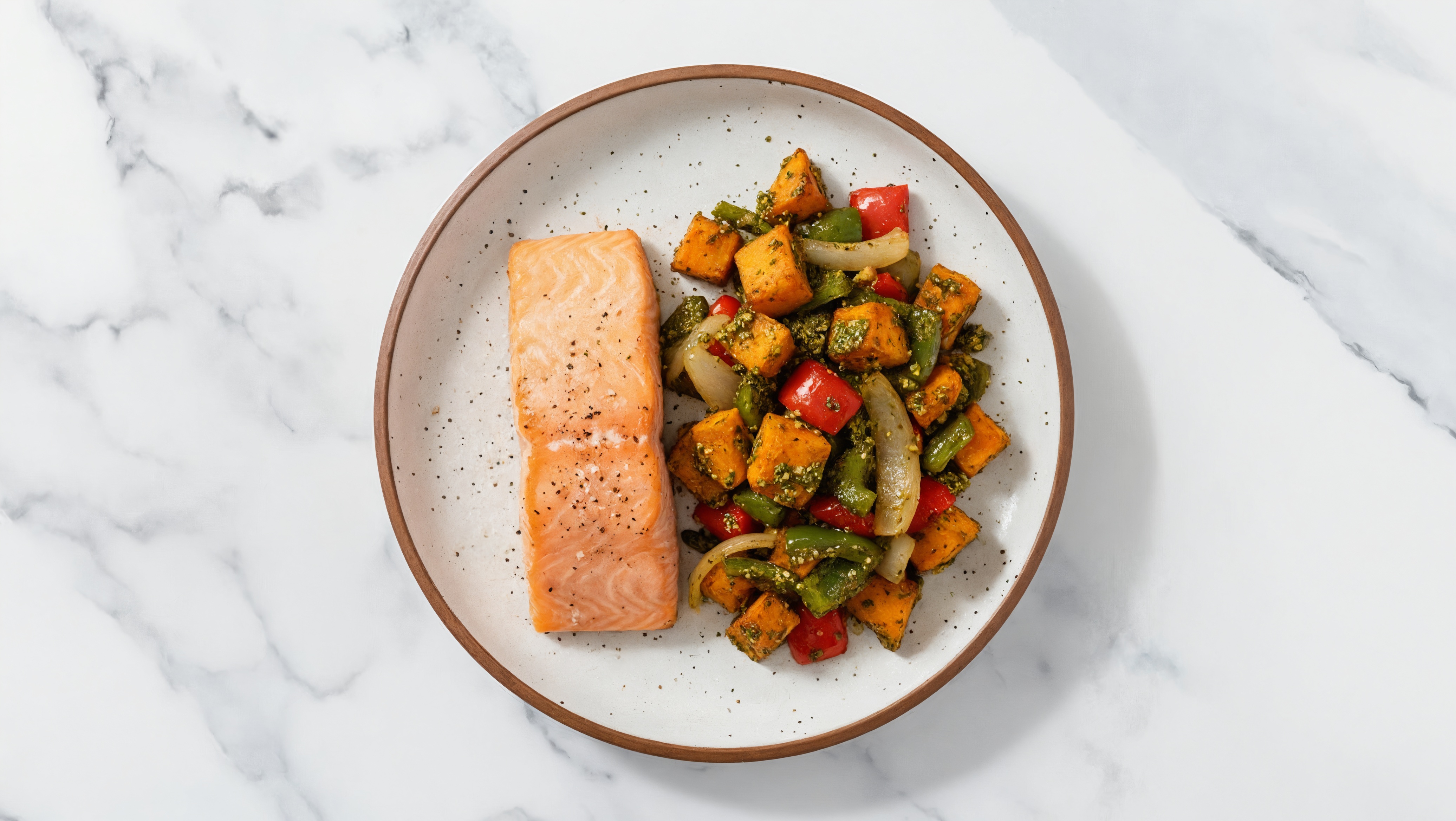 Sheet Pan Pesto-Salmon with Sweet Potatoes & Peppers