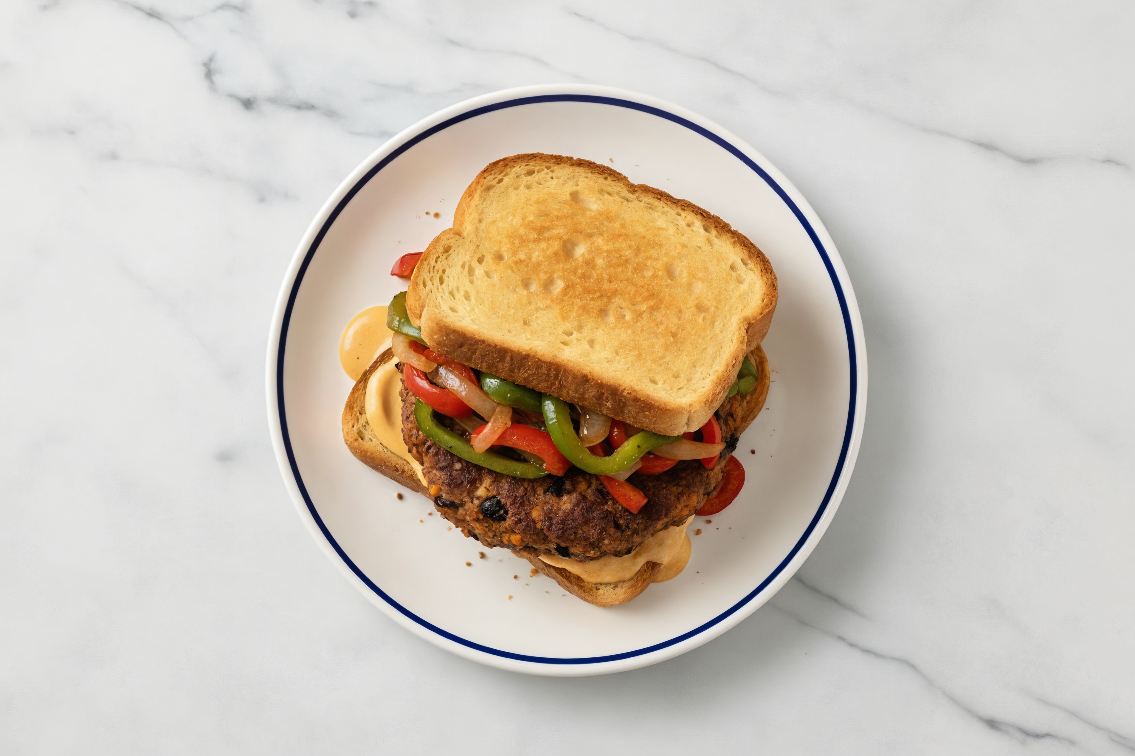 Onion + Pepper Black Bean Burger on GF Bread with Special Sauce