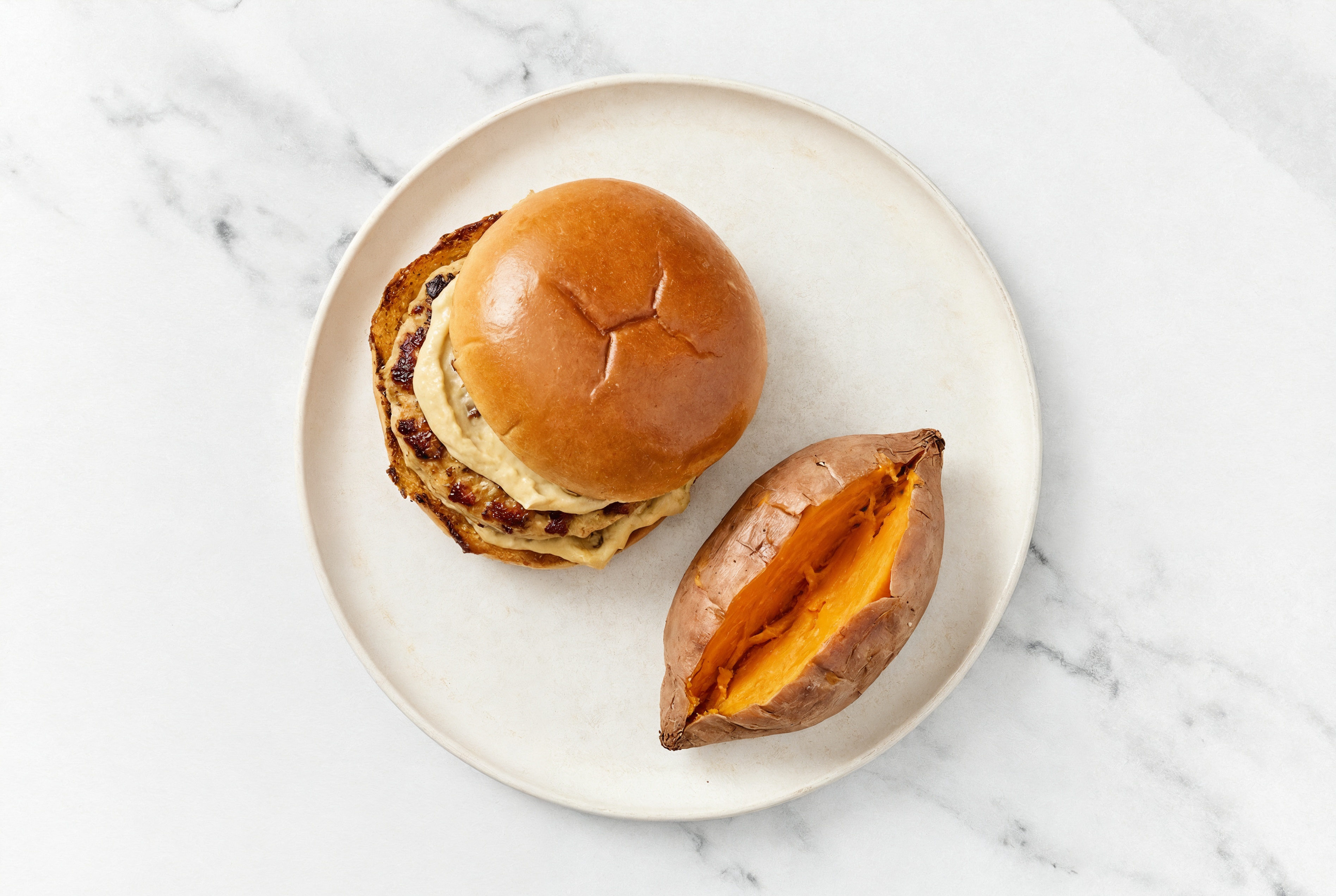 Bacon Chicken Burger with Sweet Potato & Onion Hummus