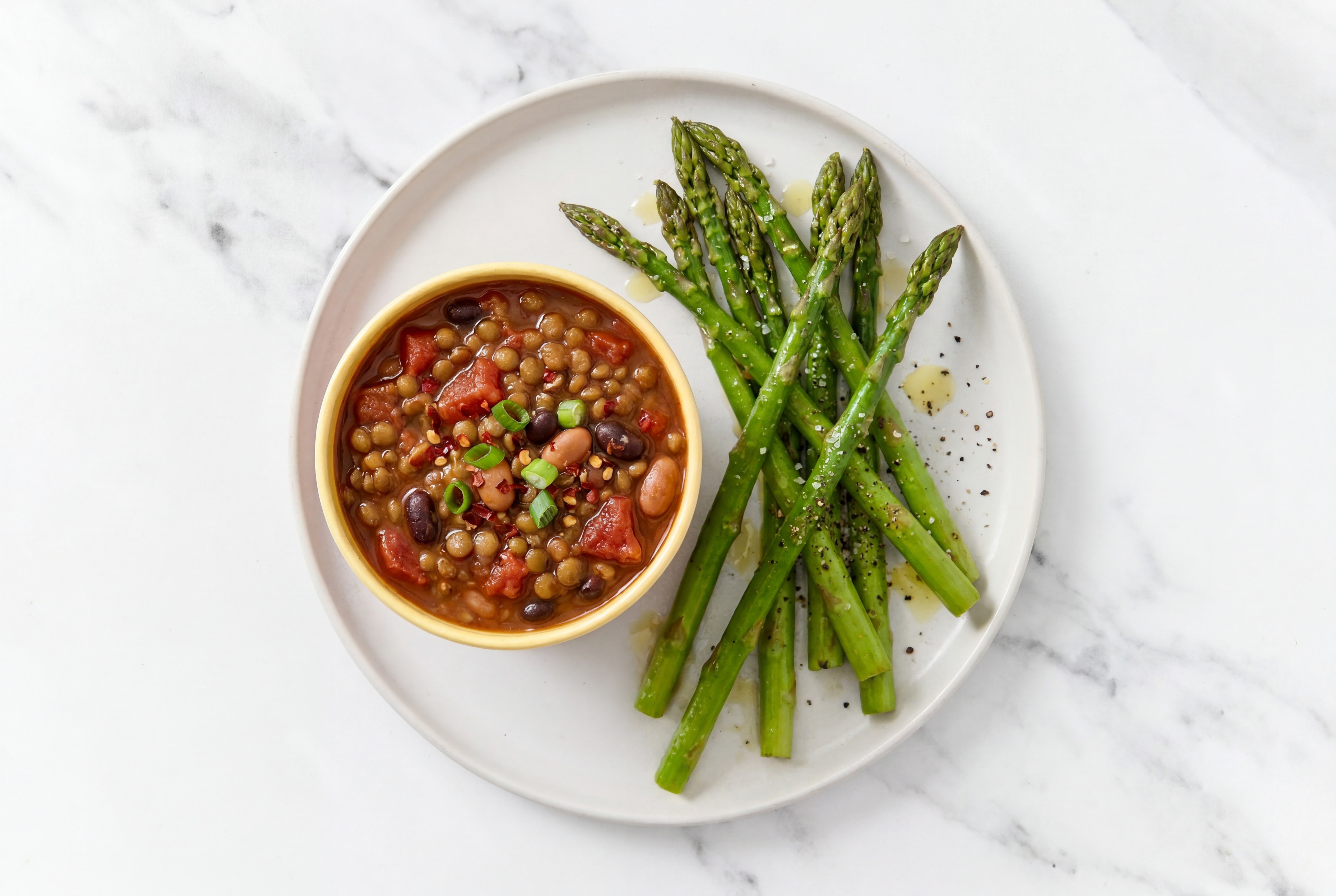 Homestyle Lentil Chili with Asparagus