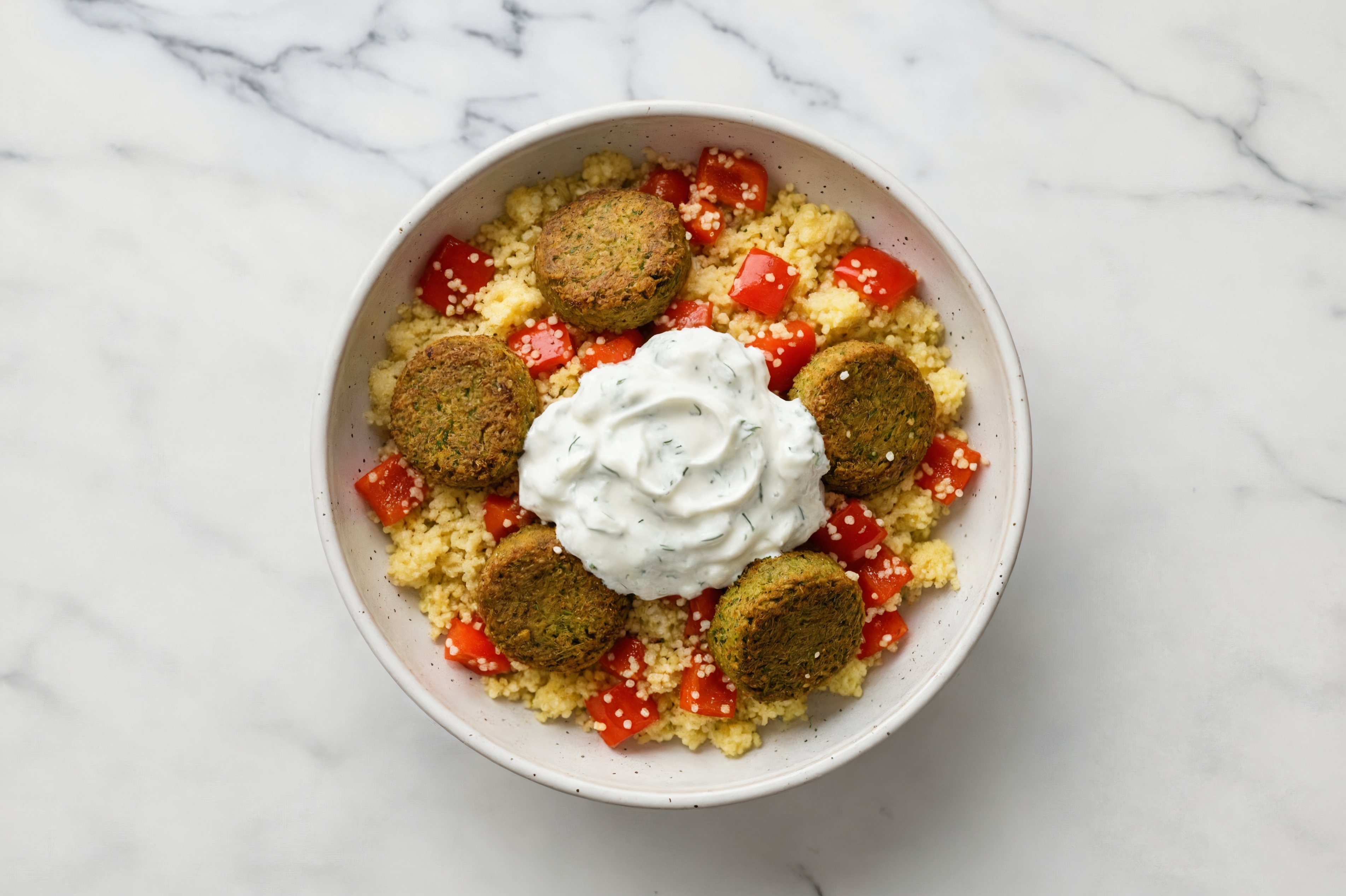  Falafel Couscous Grain Bowl with Red Bell Pepper