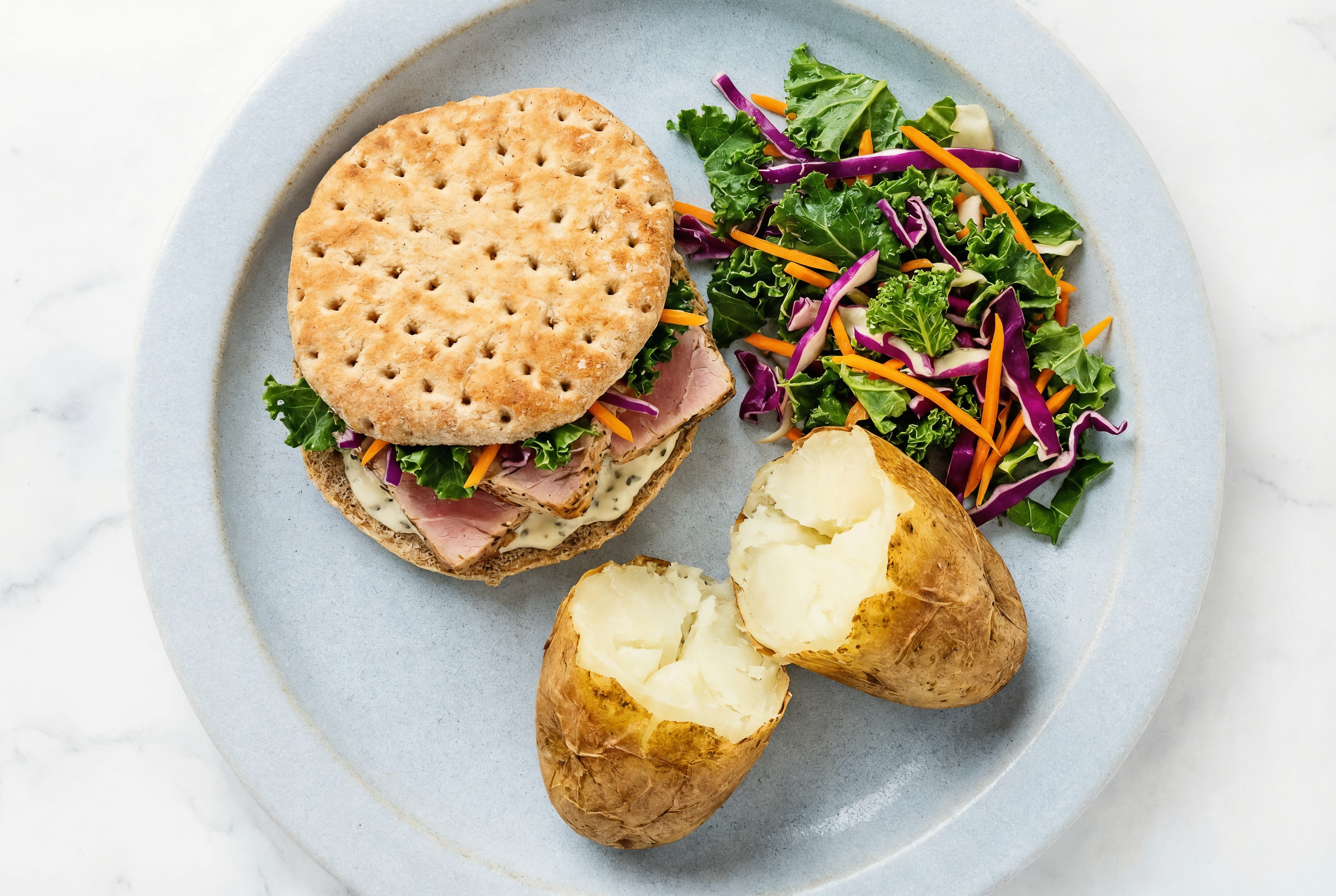 Creamy Garlic Tuna Sandwich on Multigrain with Rainbow Veggies + Russet Potato