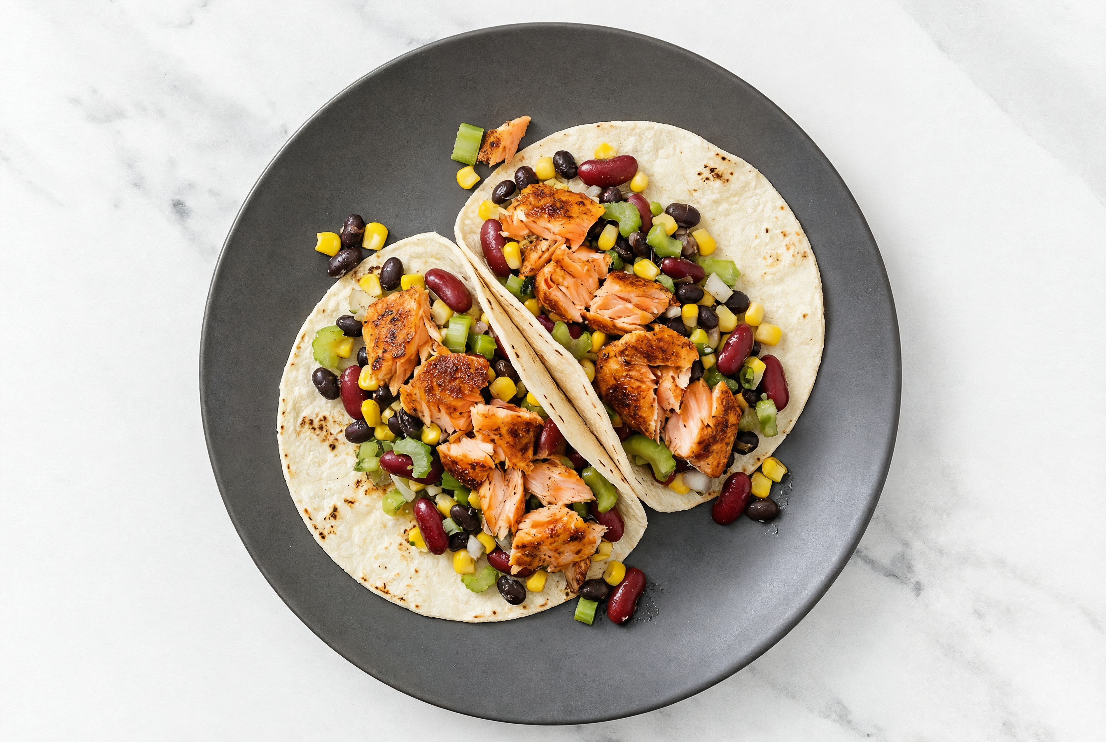 Herby Blackened Salmon Tacos with Bean Salad