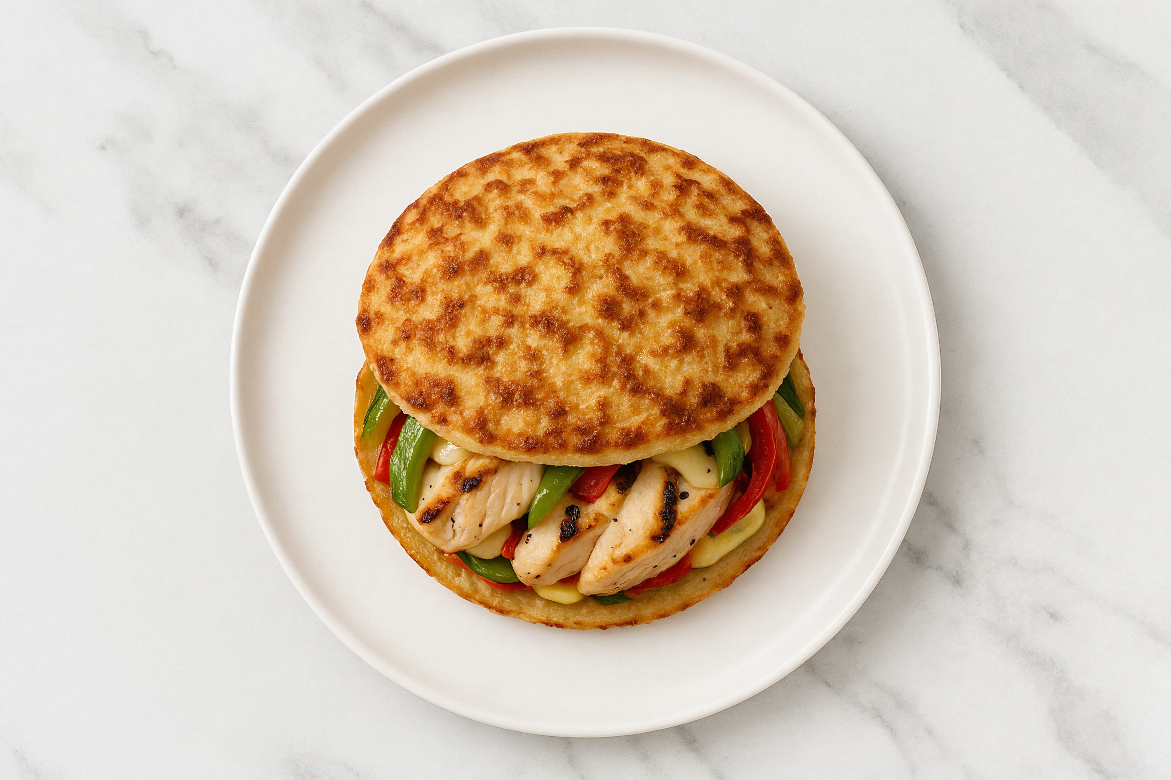 Creamy Horseradish Grilled Chicken Sandwich with Peppers + Onion on Cauliflower Rounds