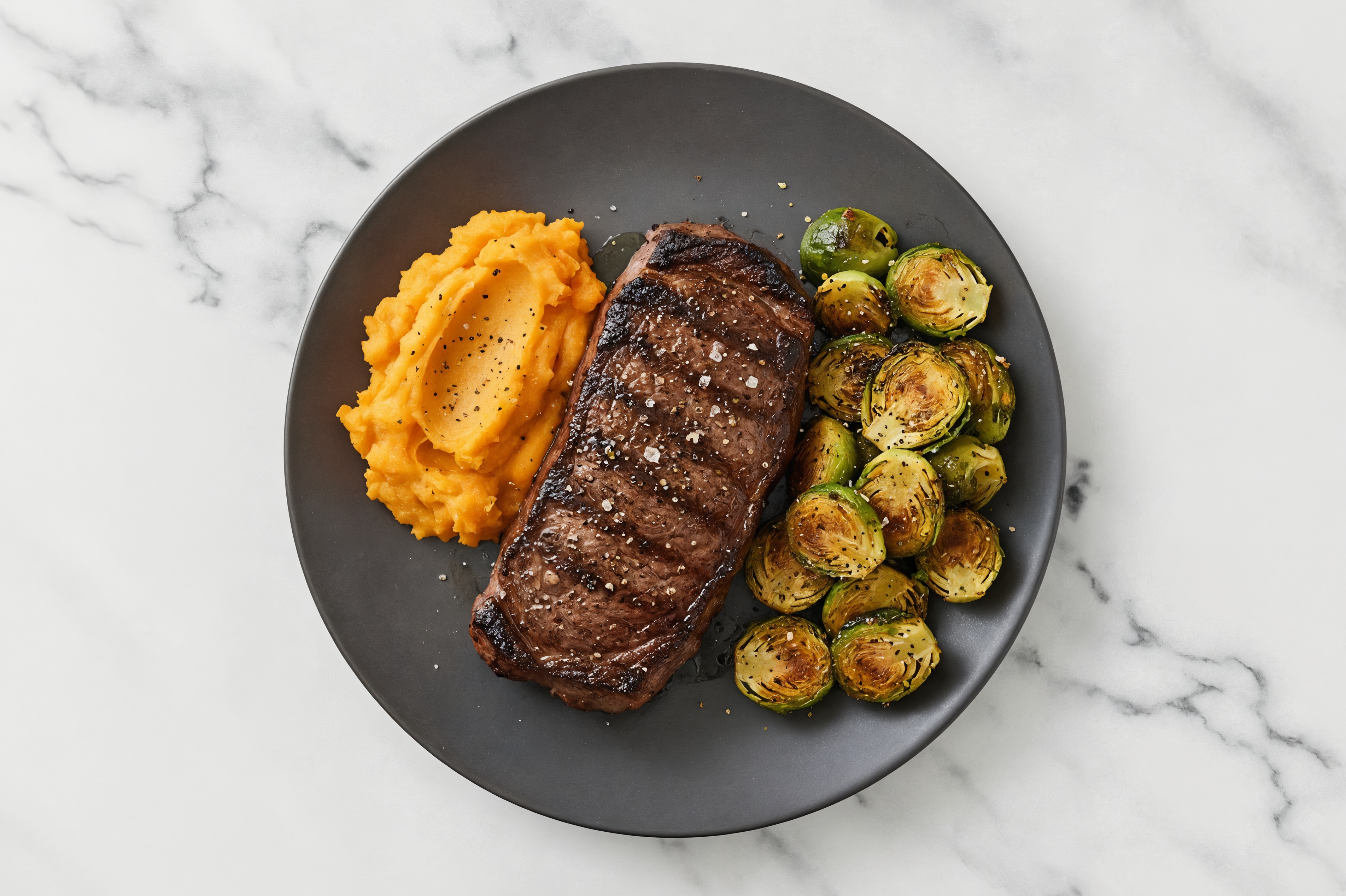 Seared Beef NY Strip Steak + Honey Herb Roasted Brussels