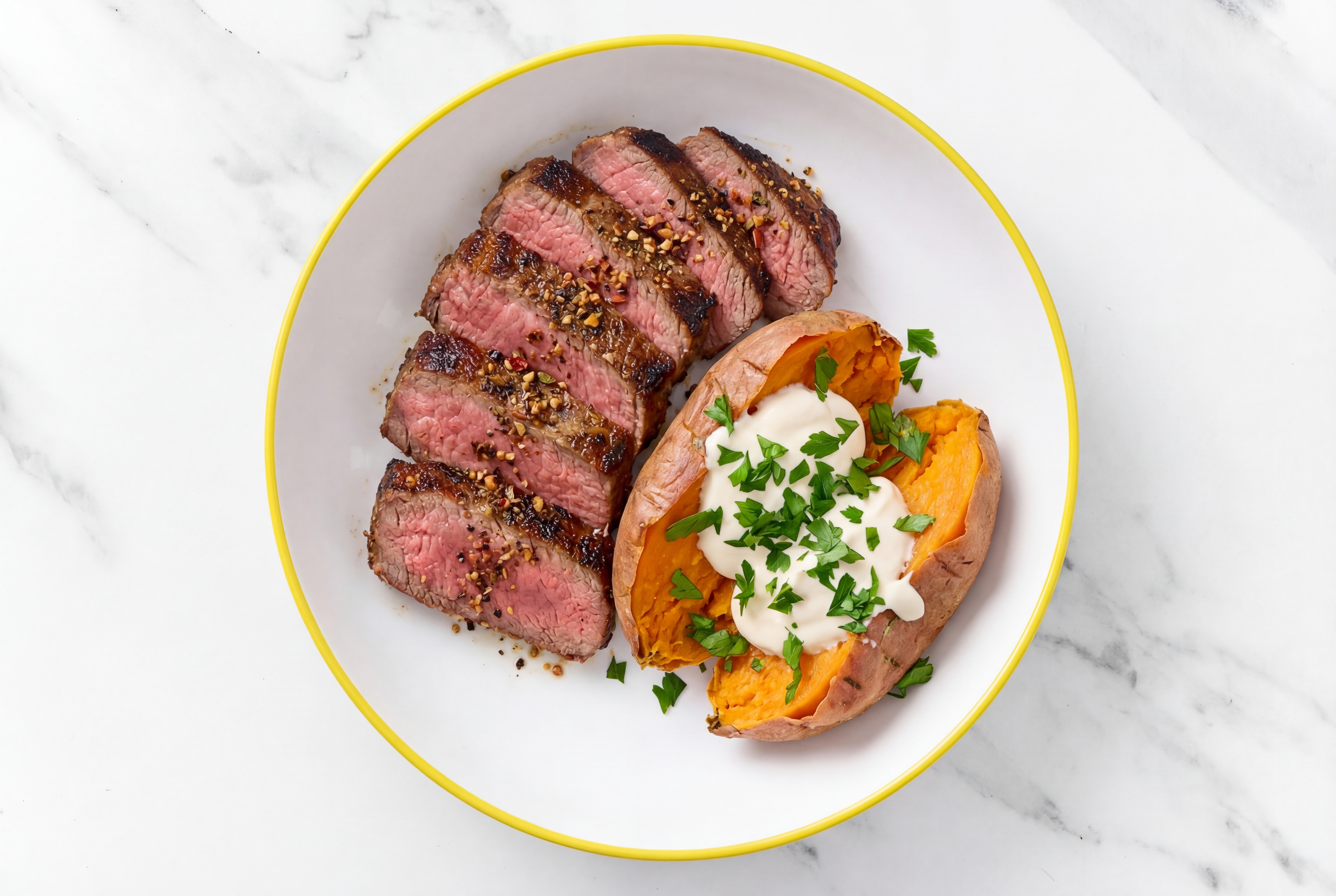 Seared Flank Steak + Loaded Baked Sweet Potato