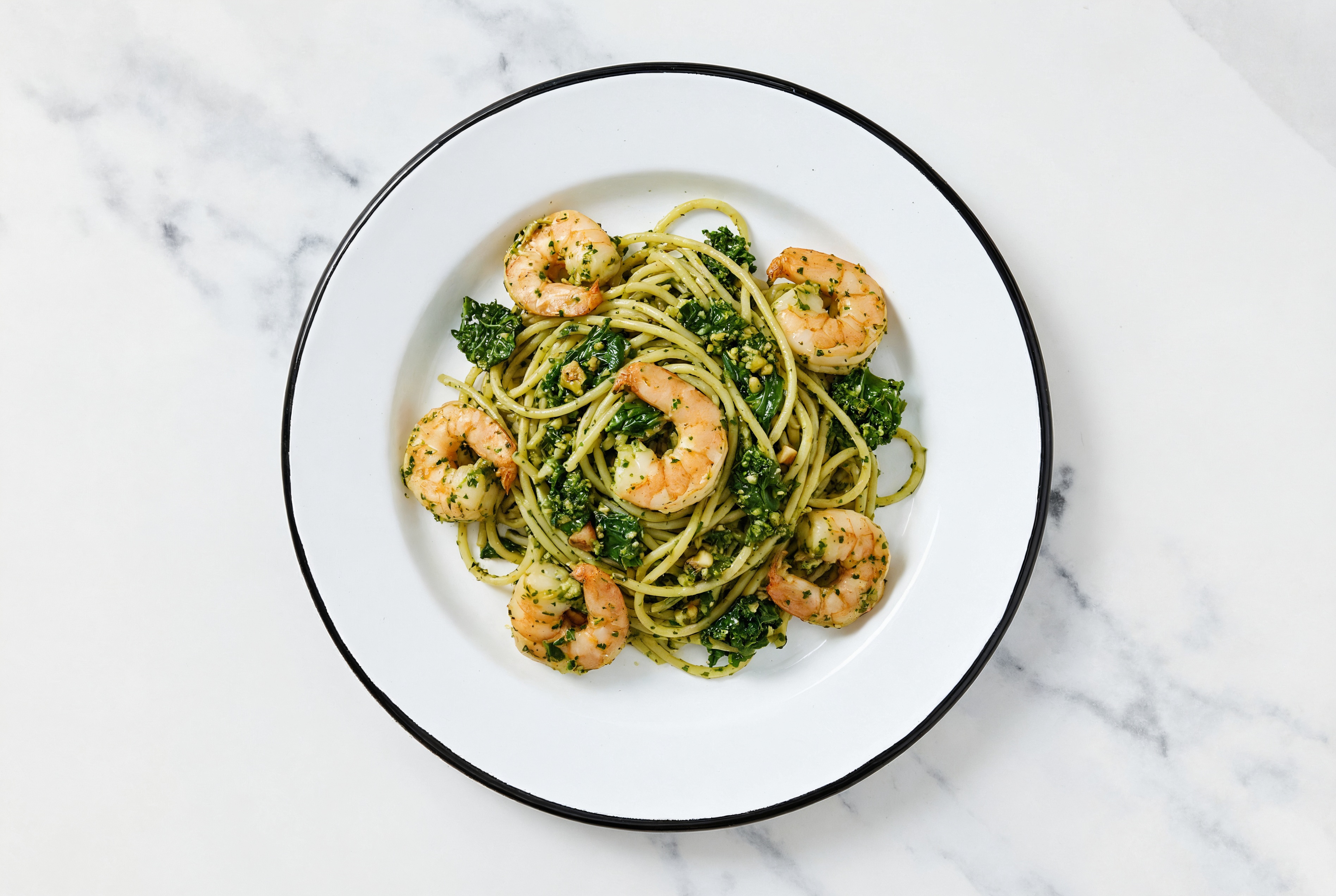 Shrimp + Kale Pesto Gluten Free Spaghetti