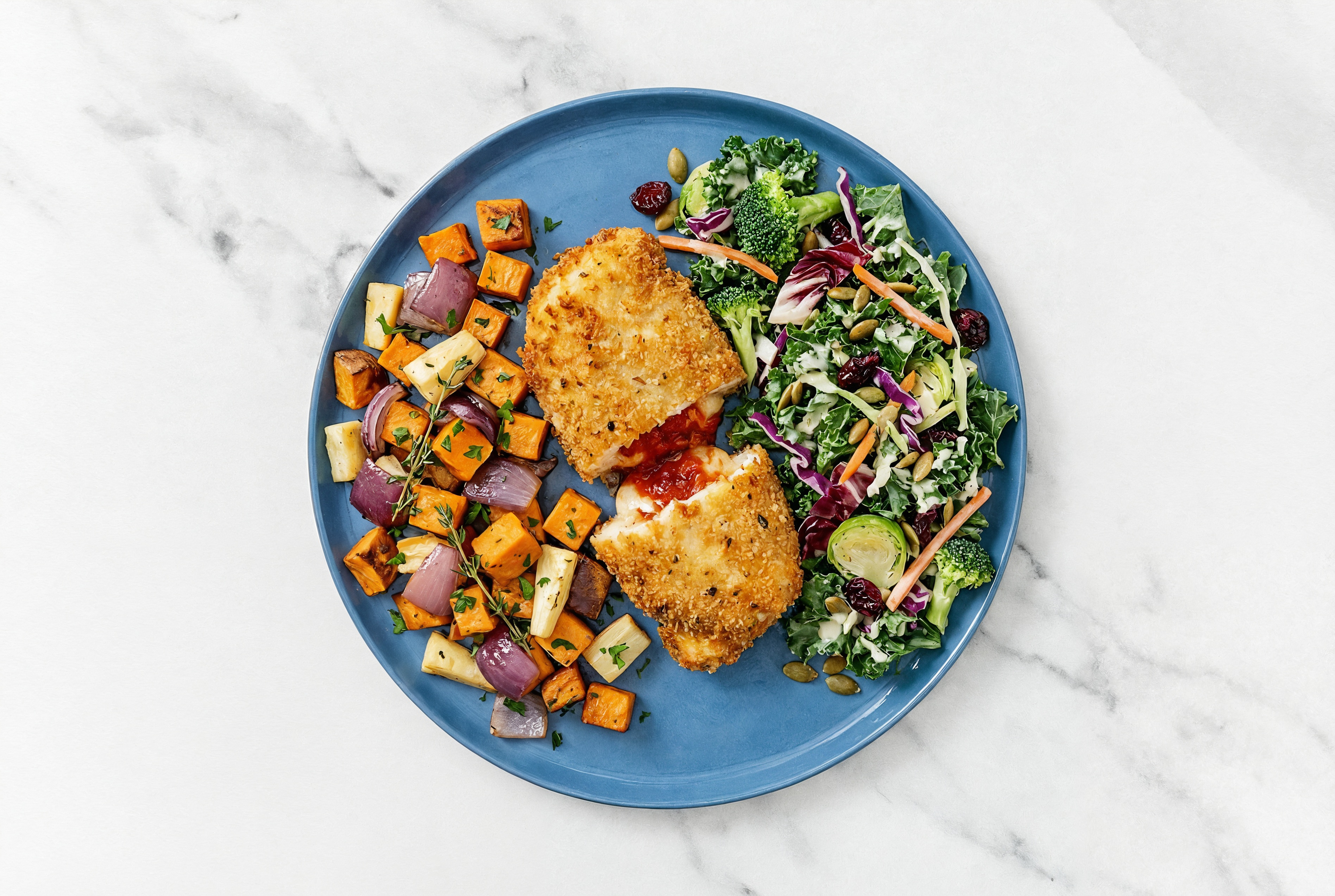 "Chicken" Parm with Roasting Veggies & Kale Salad