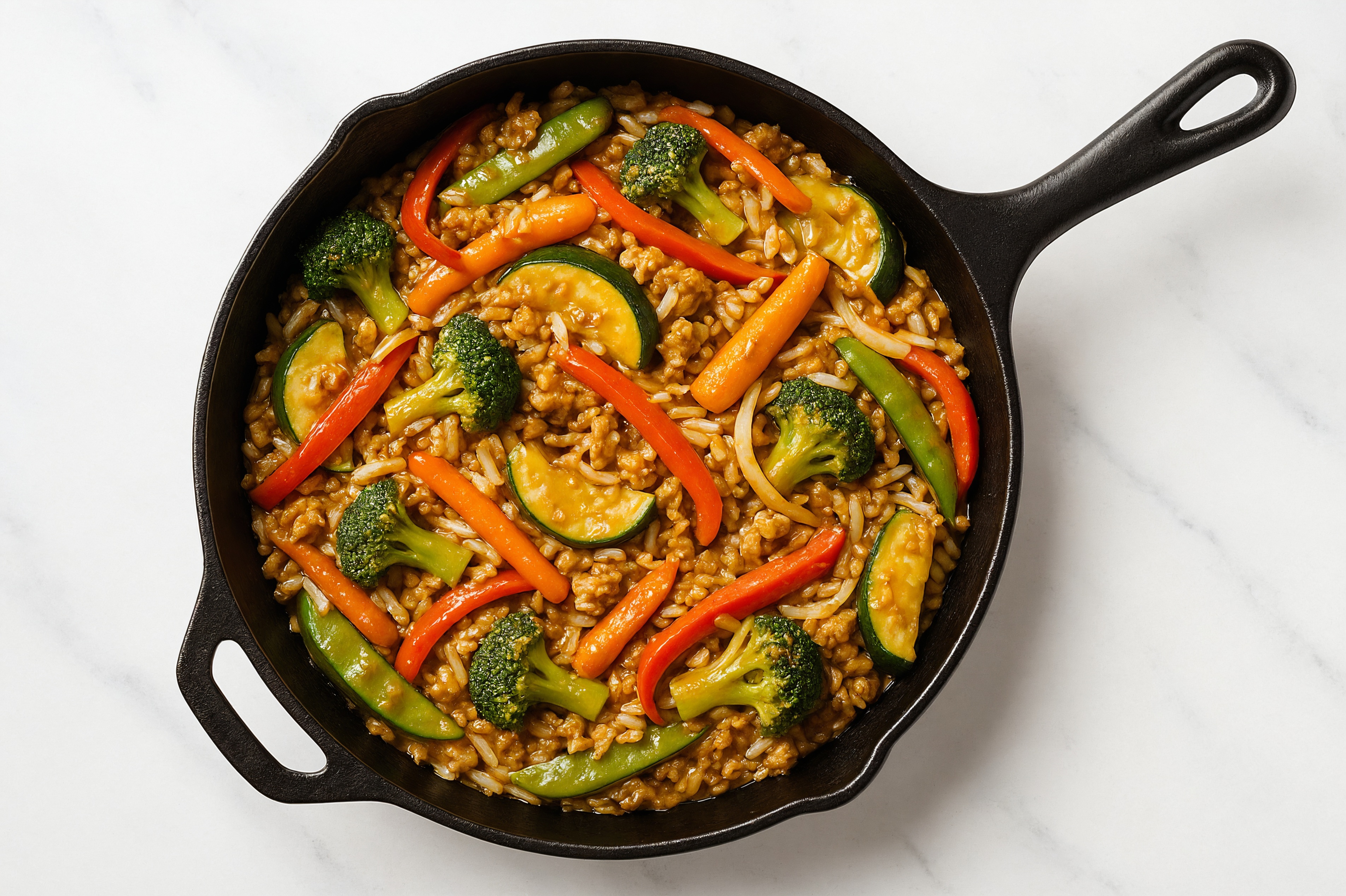 Thai Peanut Veggie + Ground Turkey Stir-Fry with Seasoned Jasmine Rice