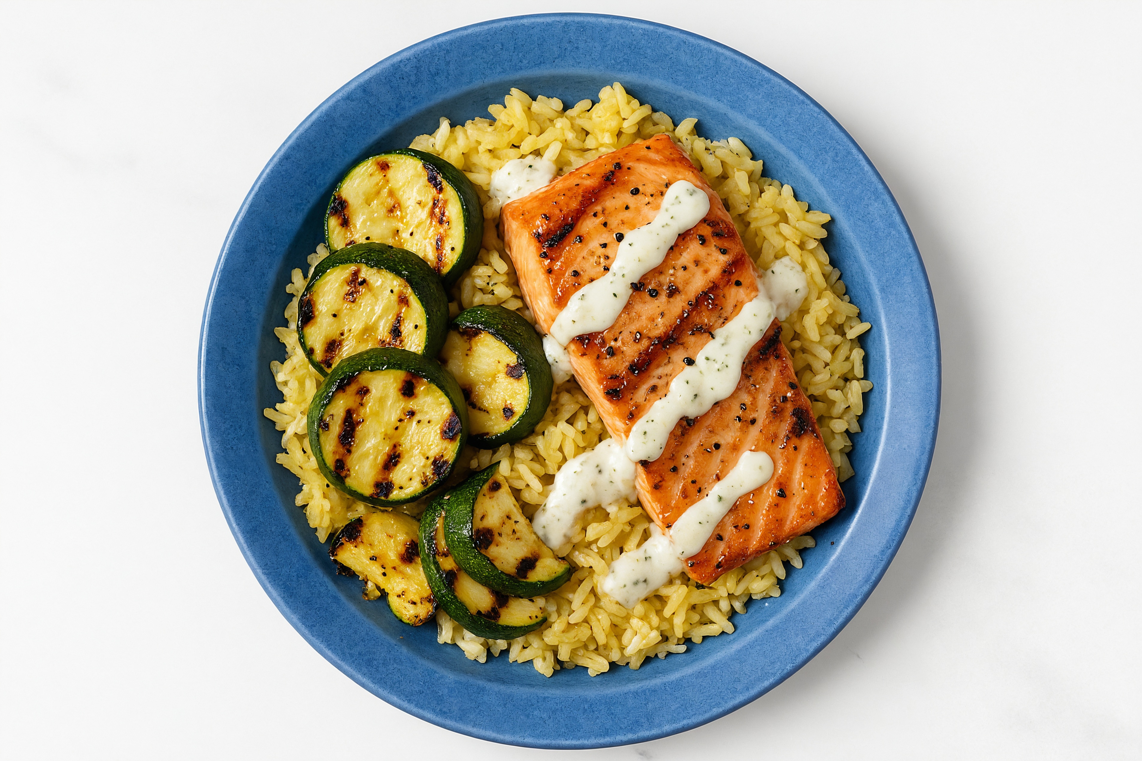Grilled Ranch Salmon Grain Bowl with Seasoned Jasmine Rice