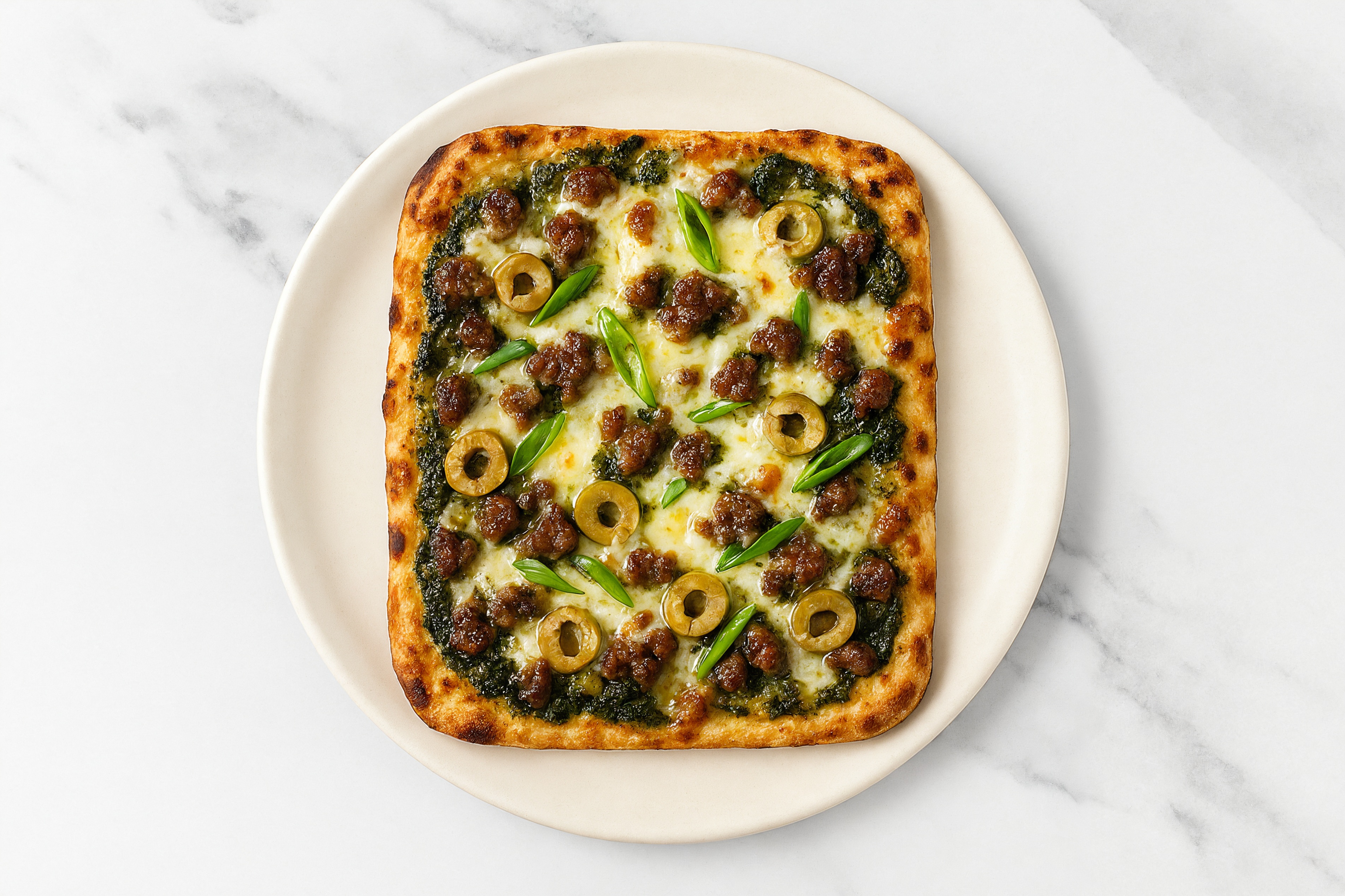 Pesto Ground Beef + Green Olives Pizza with Scallions