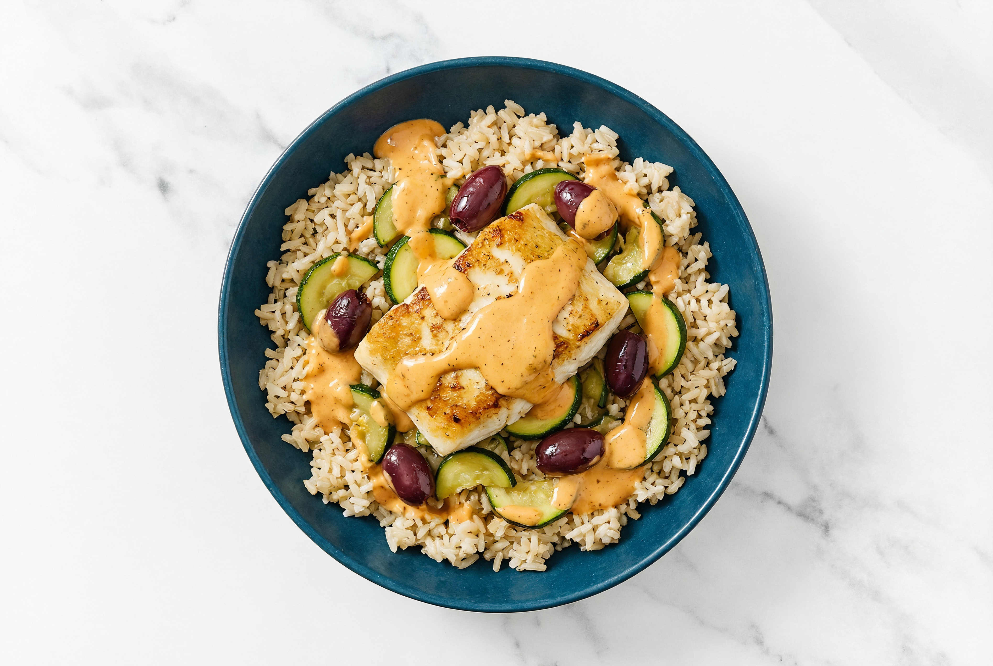 Mediterranean Halibut Grain Bowl with Garlicky Smoky BBQ Dipping Sauce