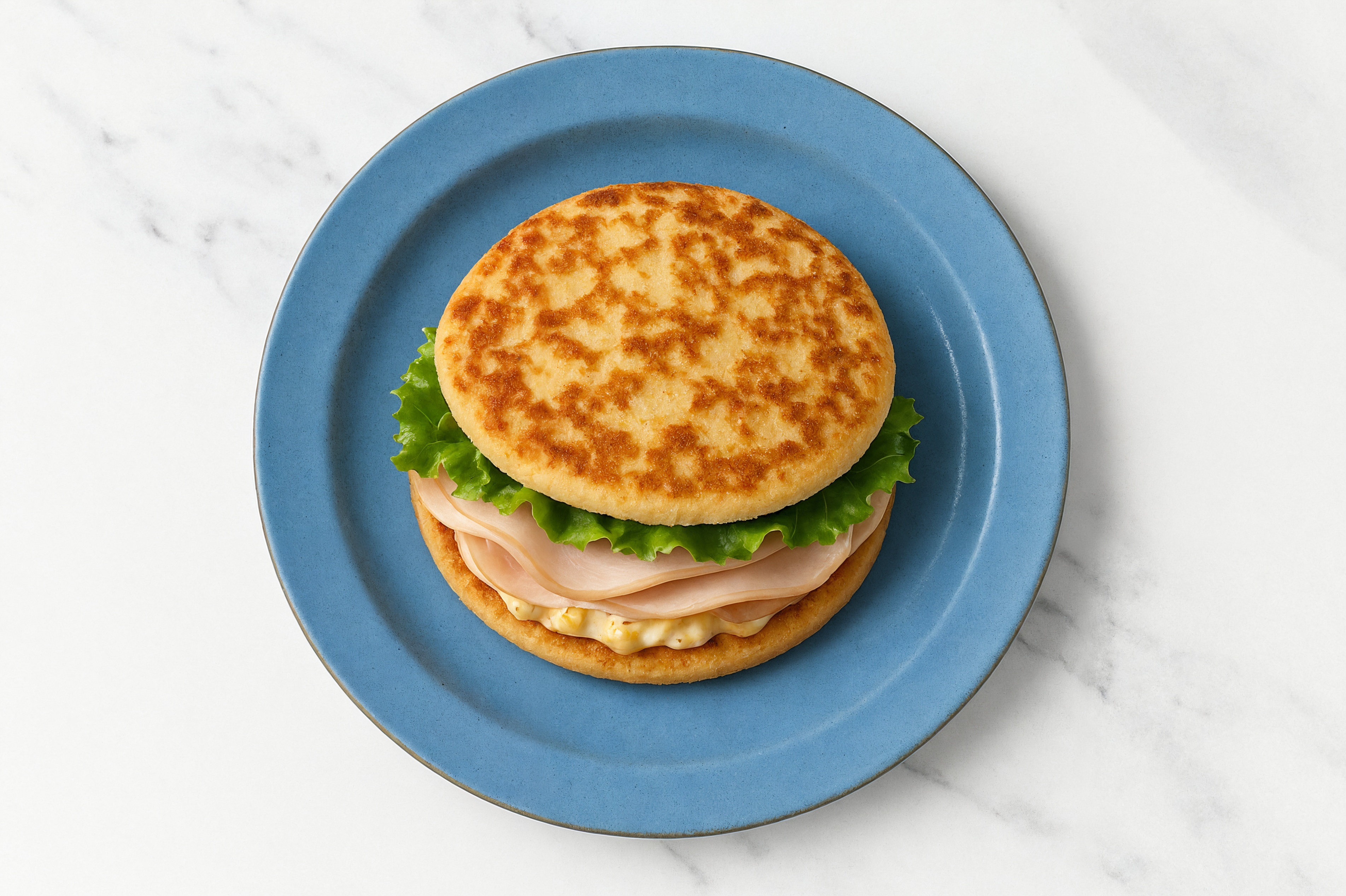 Street Corn Roasted Turkey Sandwich with Green Leaf Lettuce on Cauliflower Rounds