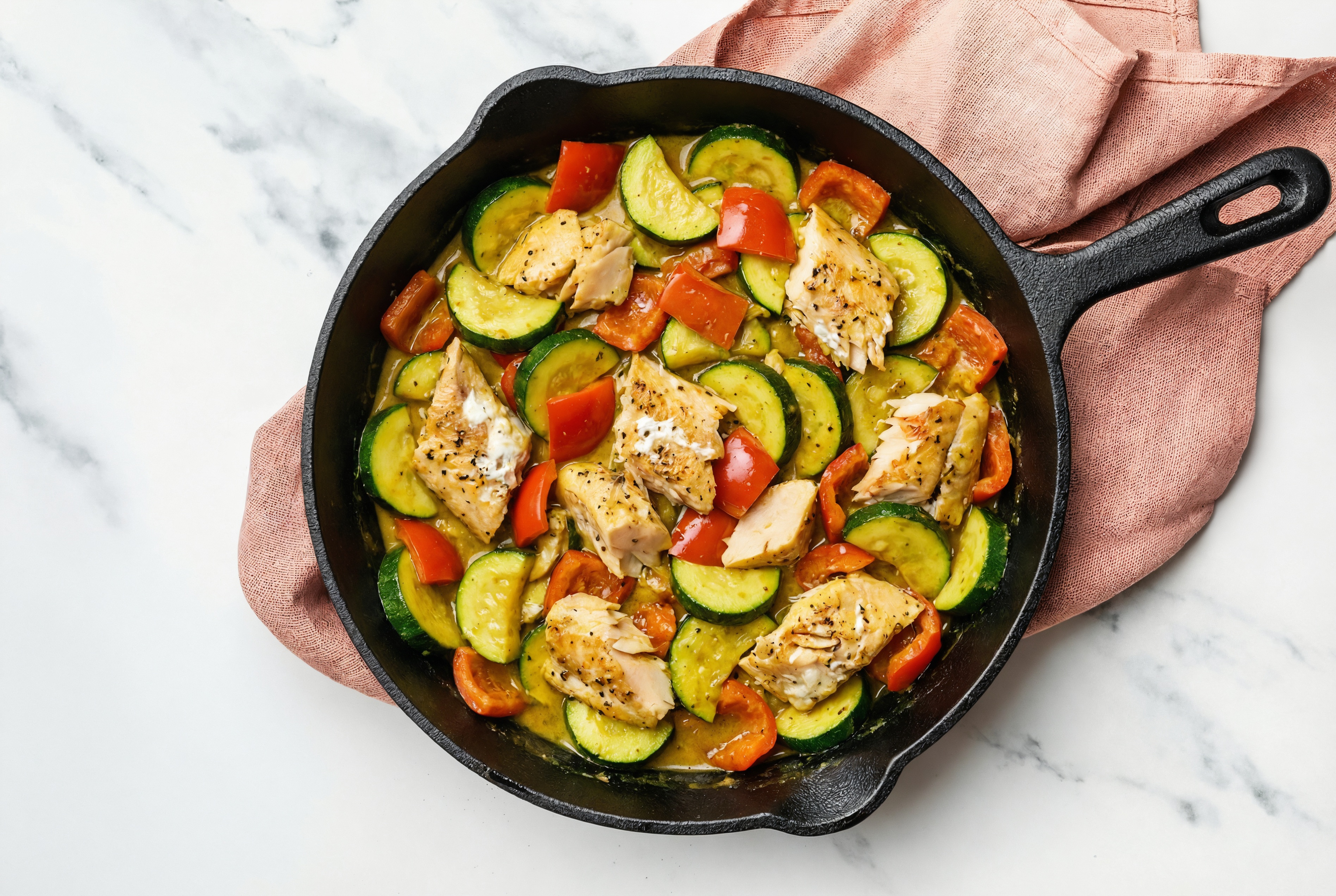 Steelhead Trout in Coconut Curry Sauce with Zucchini + Red Bell Pepper