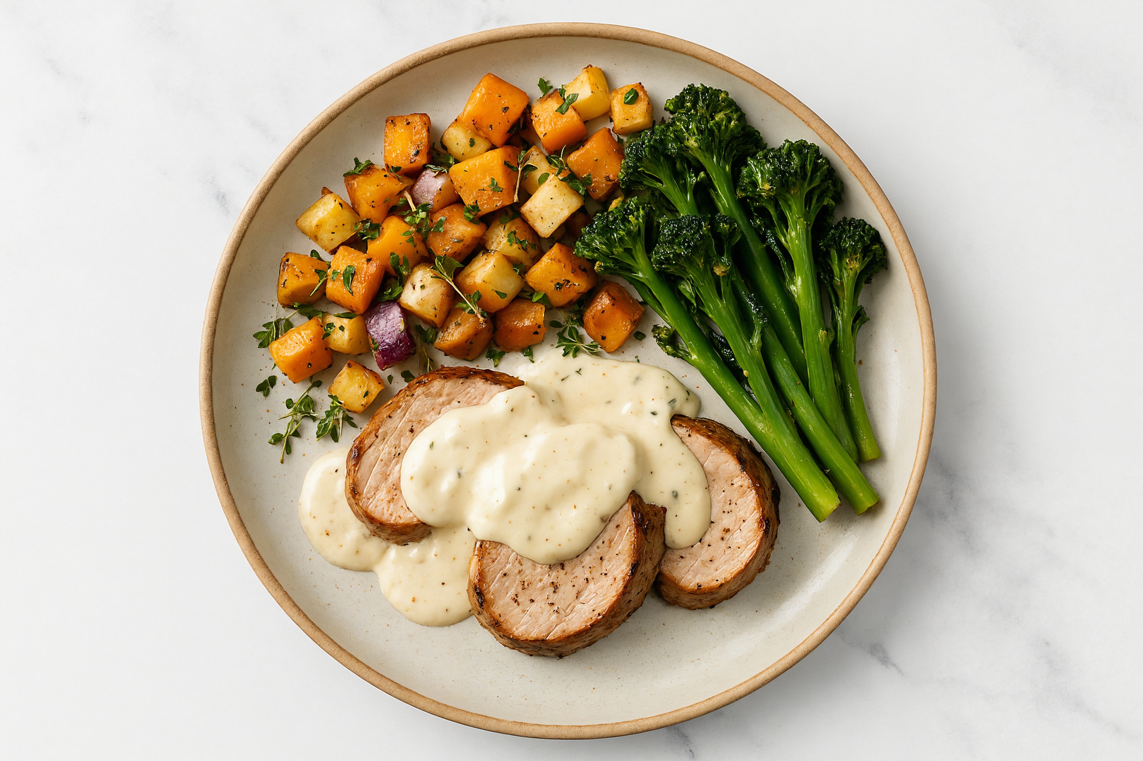 Creamy Parmesan Smothered Pork Tenderloin with Baby Broccoli & Roasted Vegetables