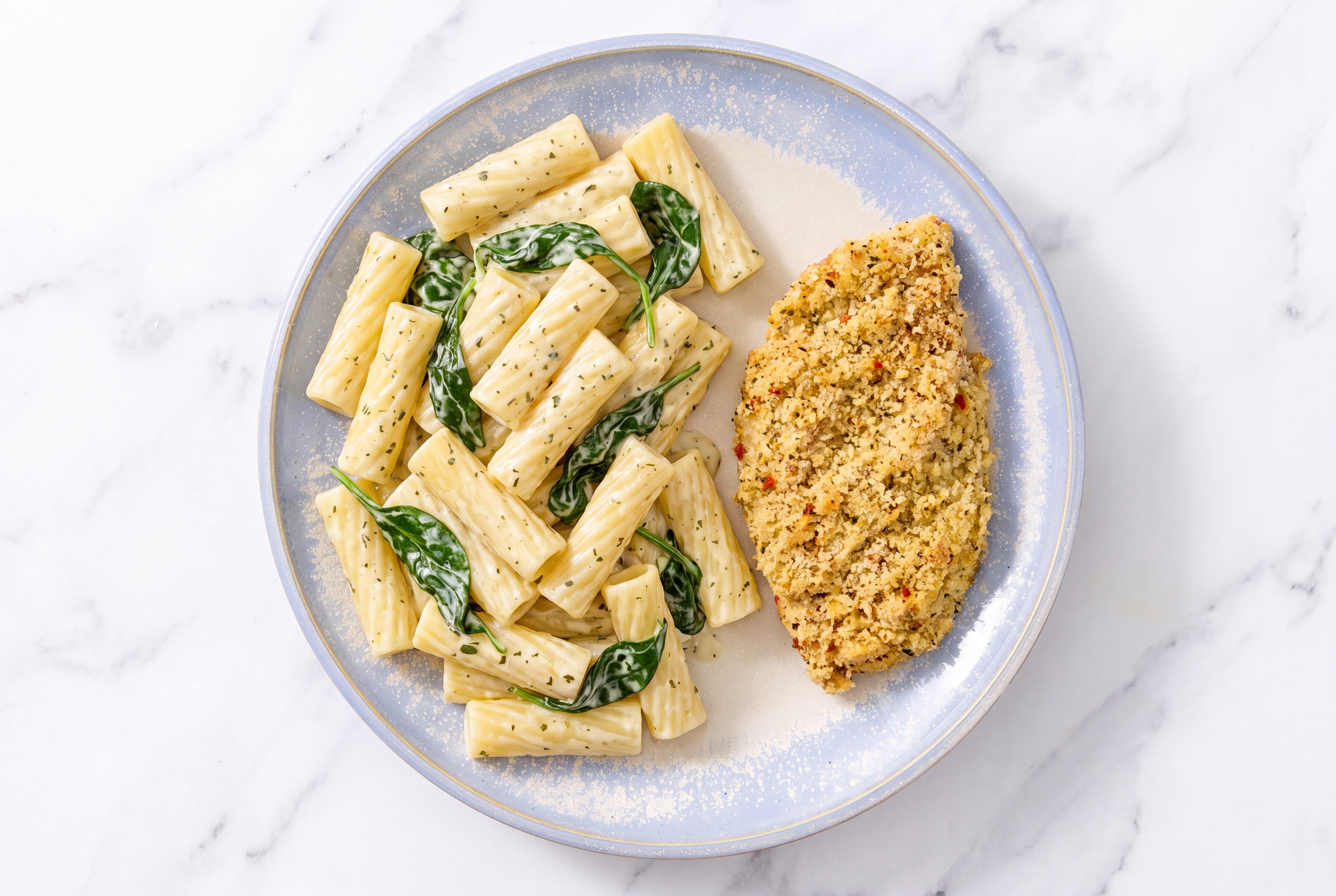 Crispy Garlic Chicken over Creamy Rigatoni with Baby Spinach