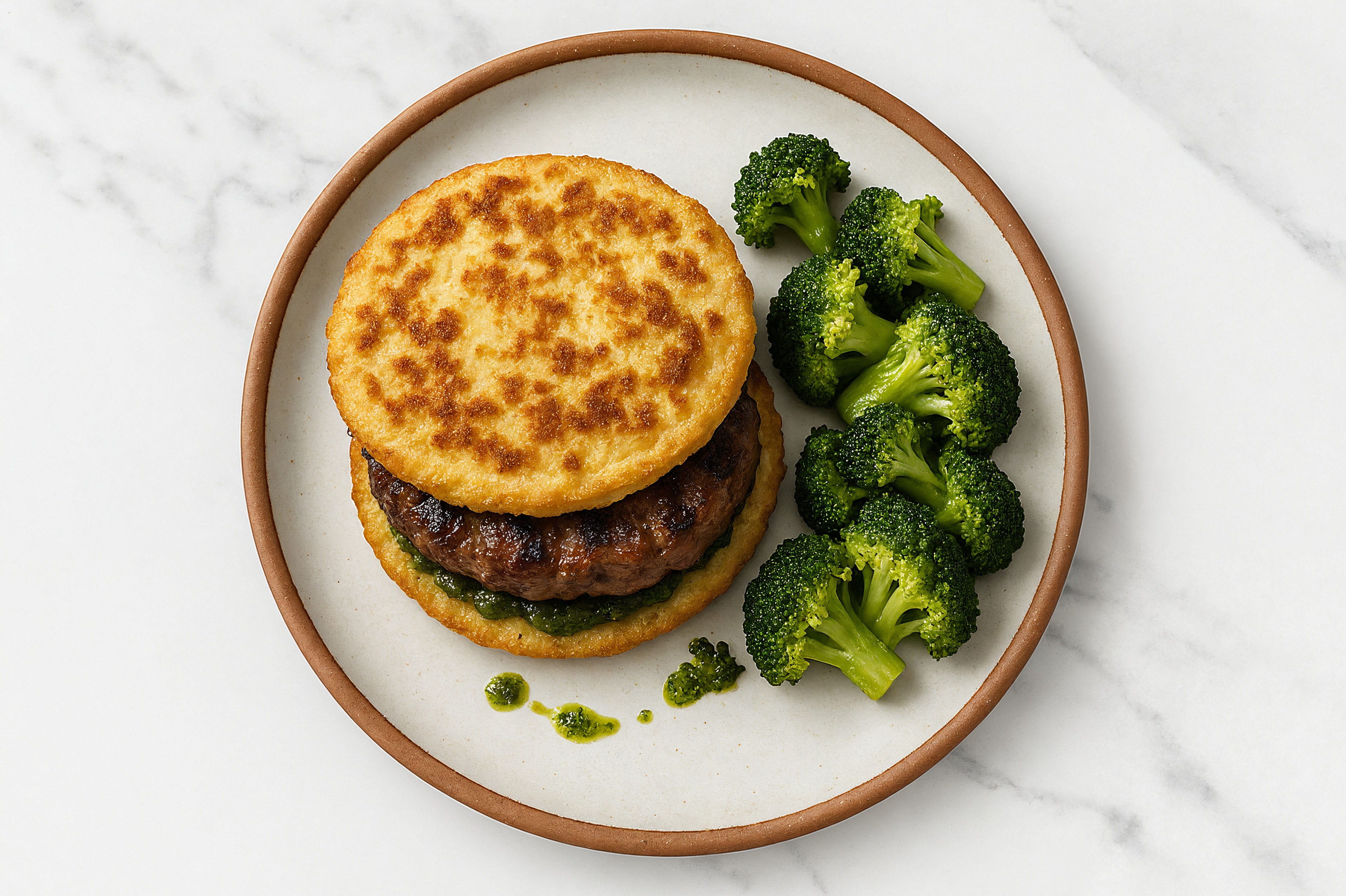 Low-Carb Pesto Bison Burger + Organic Broccoli