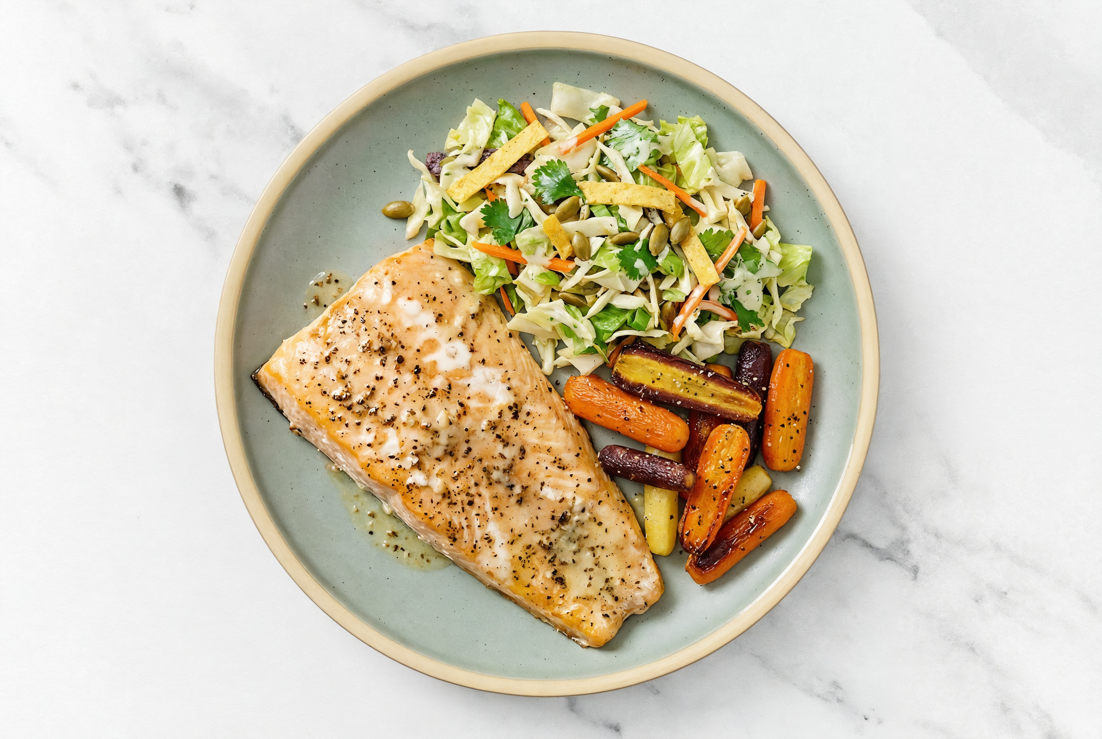 Garlic Sheet Pan Trout & Baby Carrots with Southwest Salad