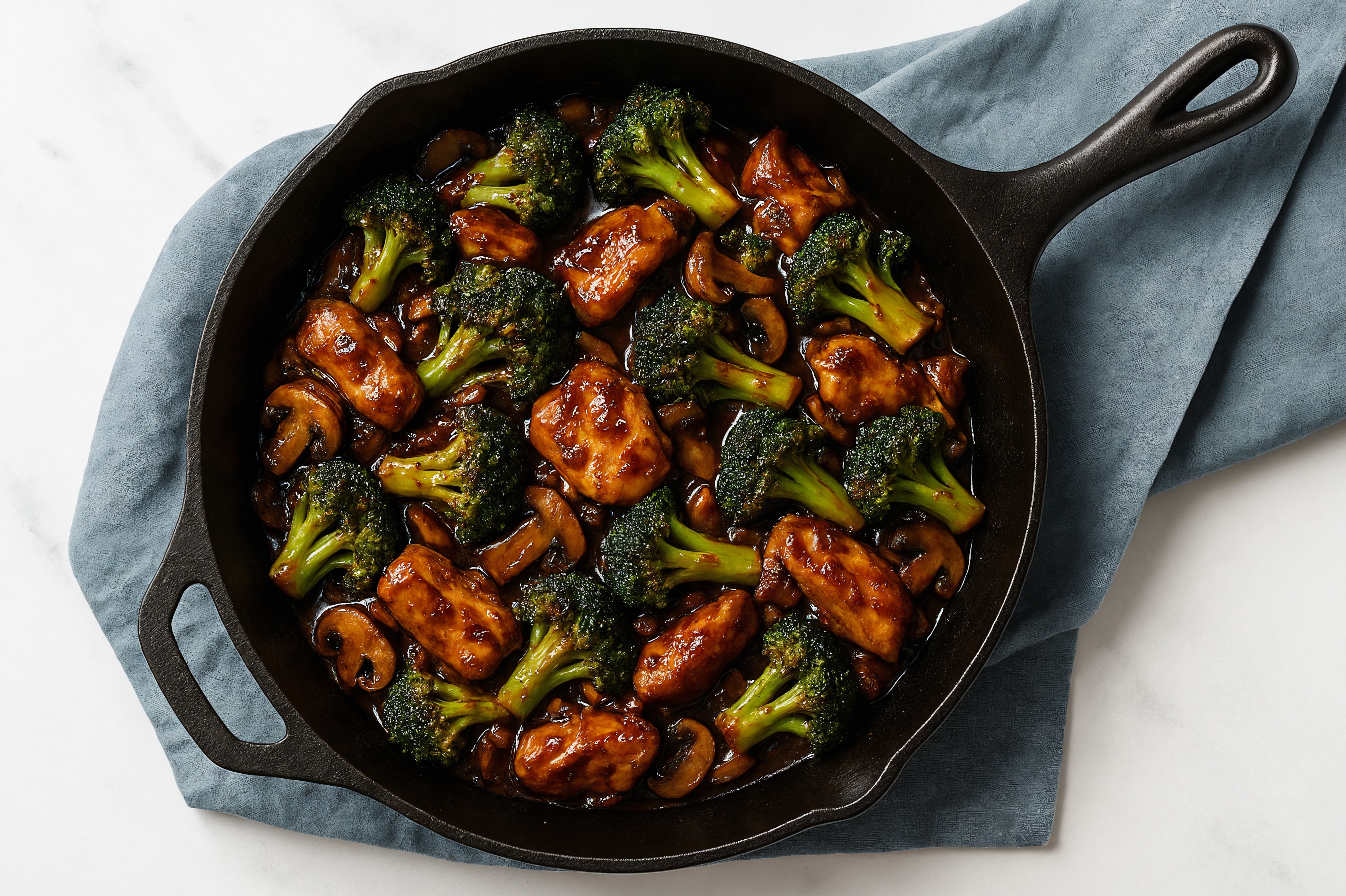Herby Japanese BBQ Chicken + Mushroom Stir-Fry with Broccoli Florets