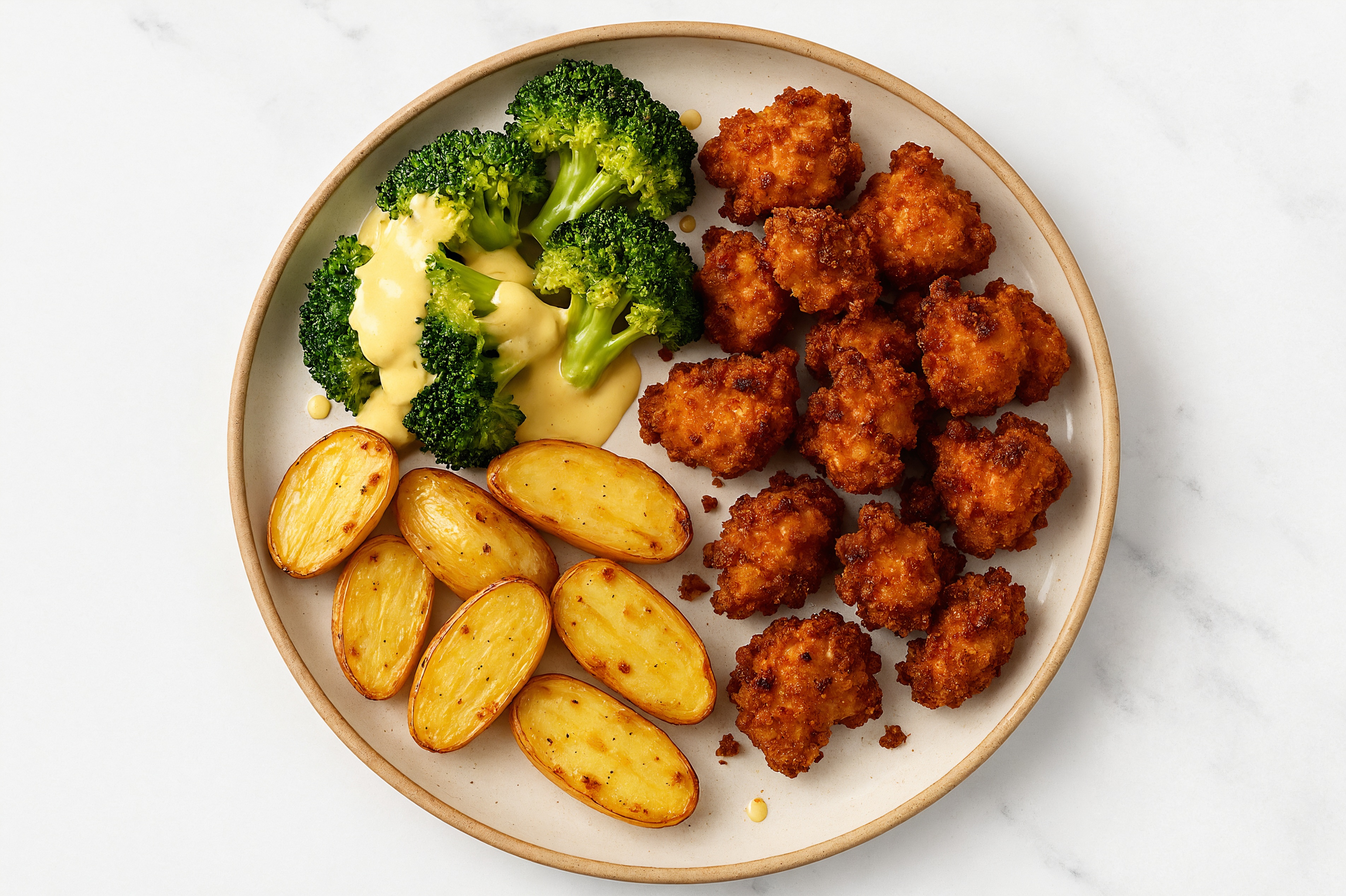 Crispy Nugget + Cozy Organic Broccoli Fingerling Potato Bake with Hatch Cashew Queso with Breaded Chicken Nuggets