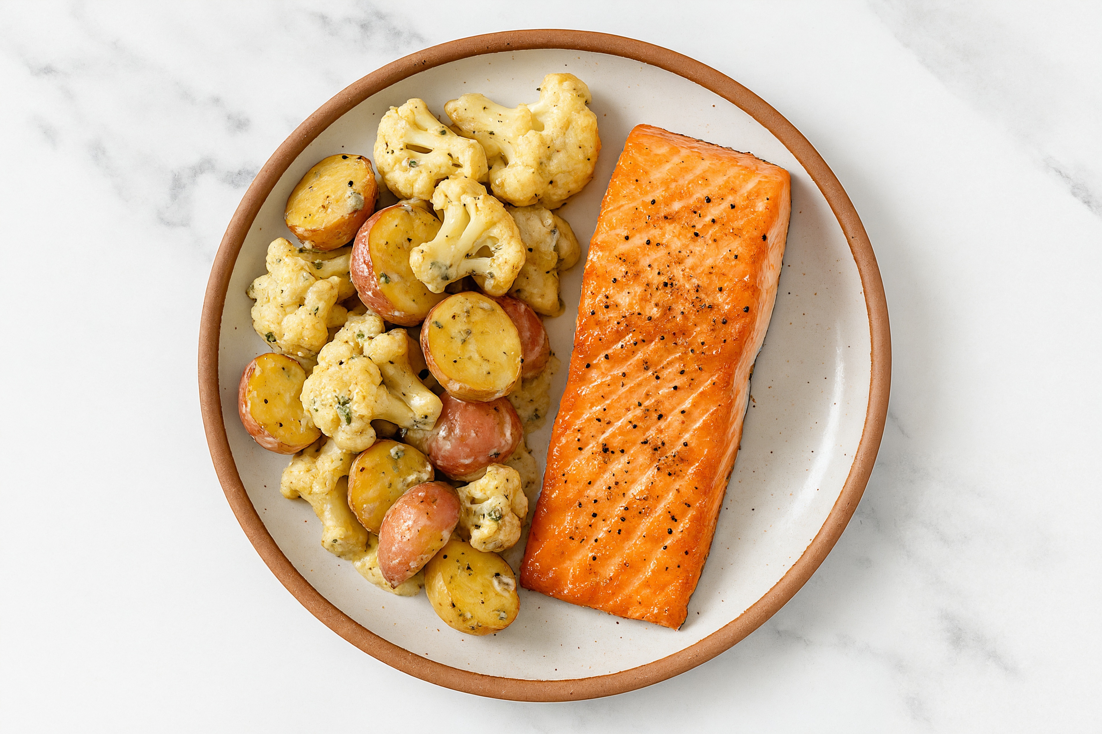 Sheet Pan Tahini-Salmon with Potatoes & Cauliflower
