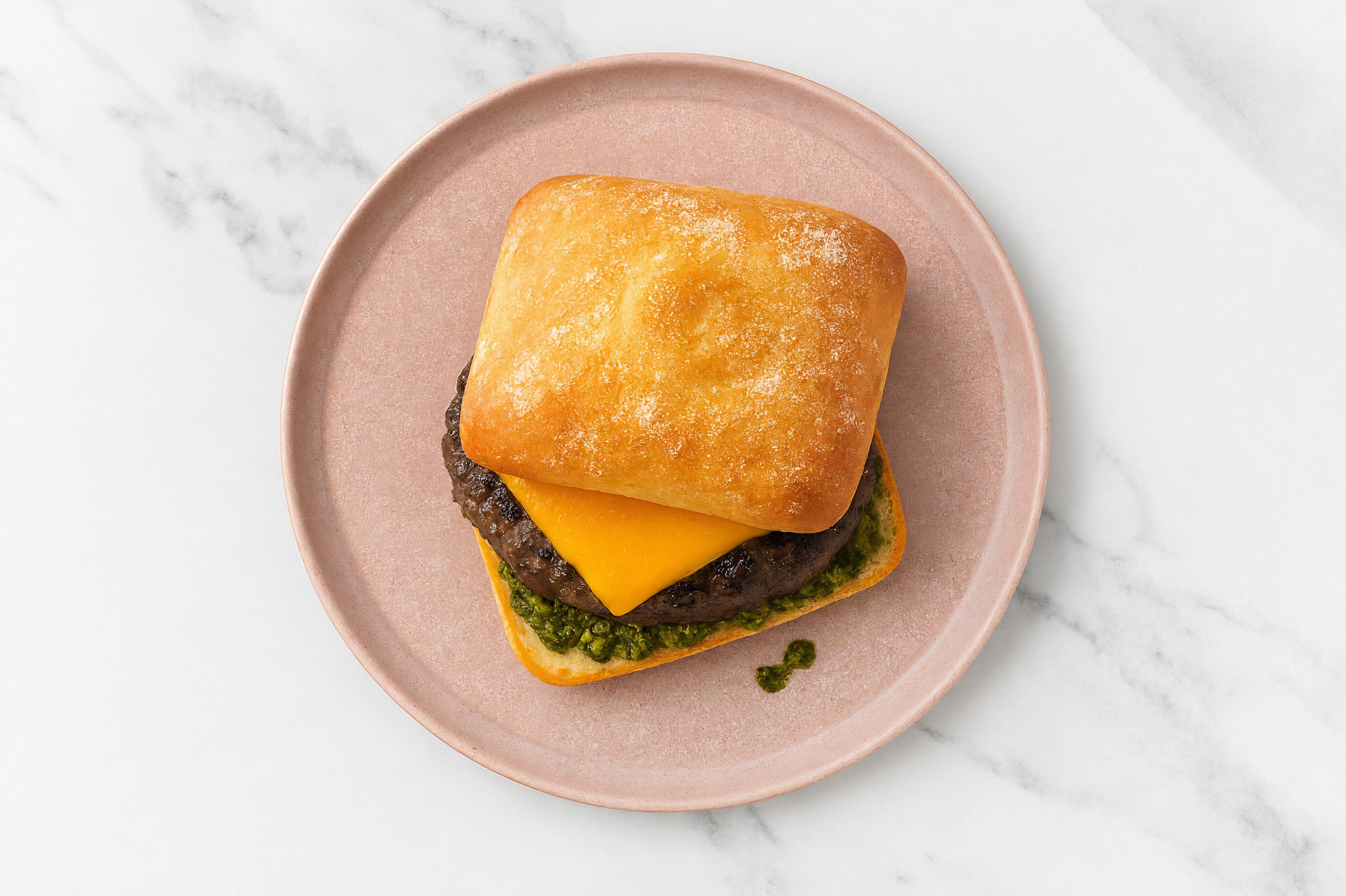 Bison Burger on Ciabatta with Spinach Pesto & Cheddar
