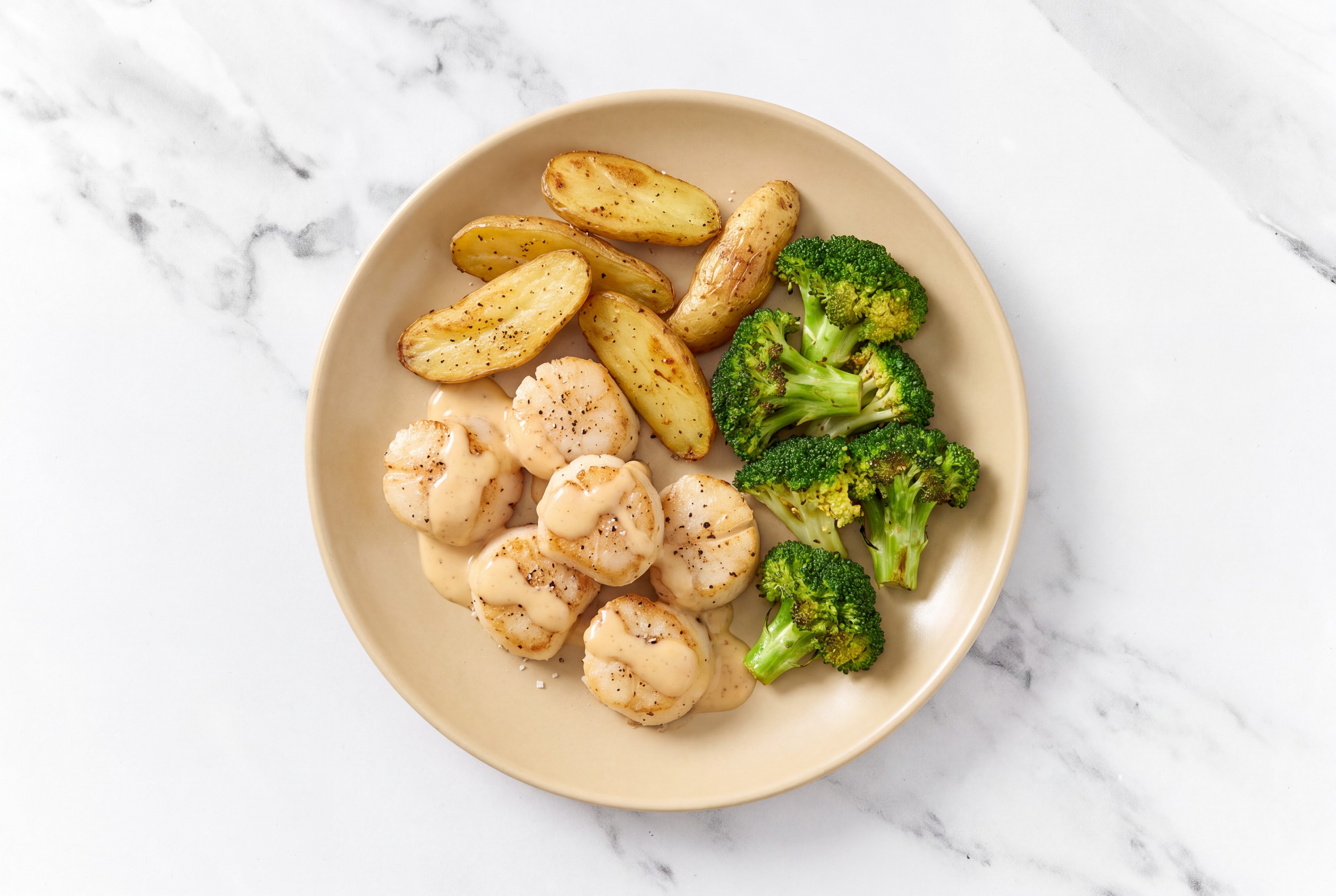 Miso Jumbo Scallops with Fingerling Potatoes & Organic Broccoli