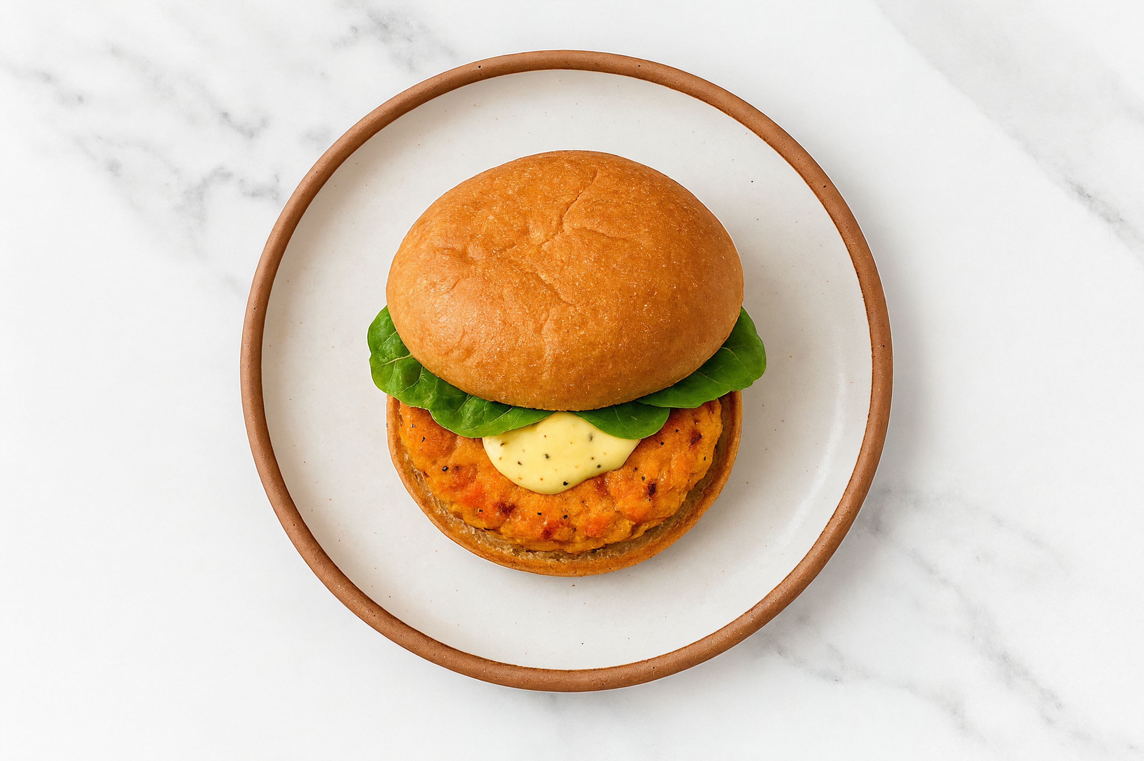 Sweet Potato Veggie Burger with Honey Mustard Sauce on GF Buns