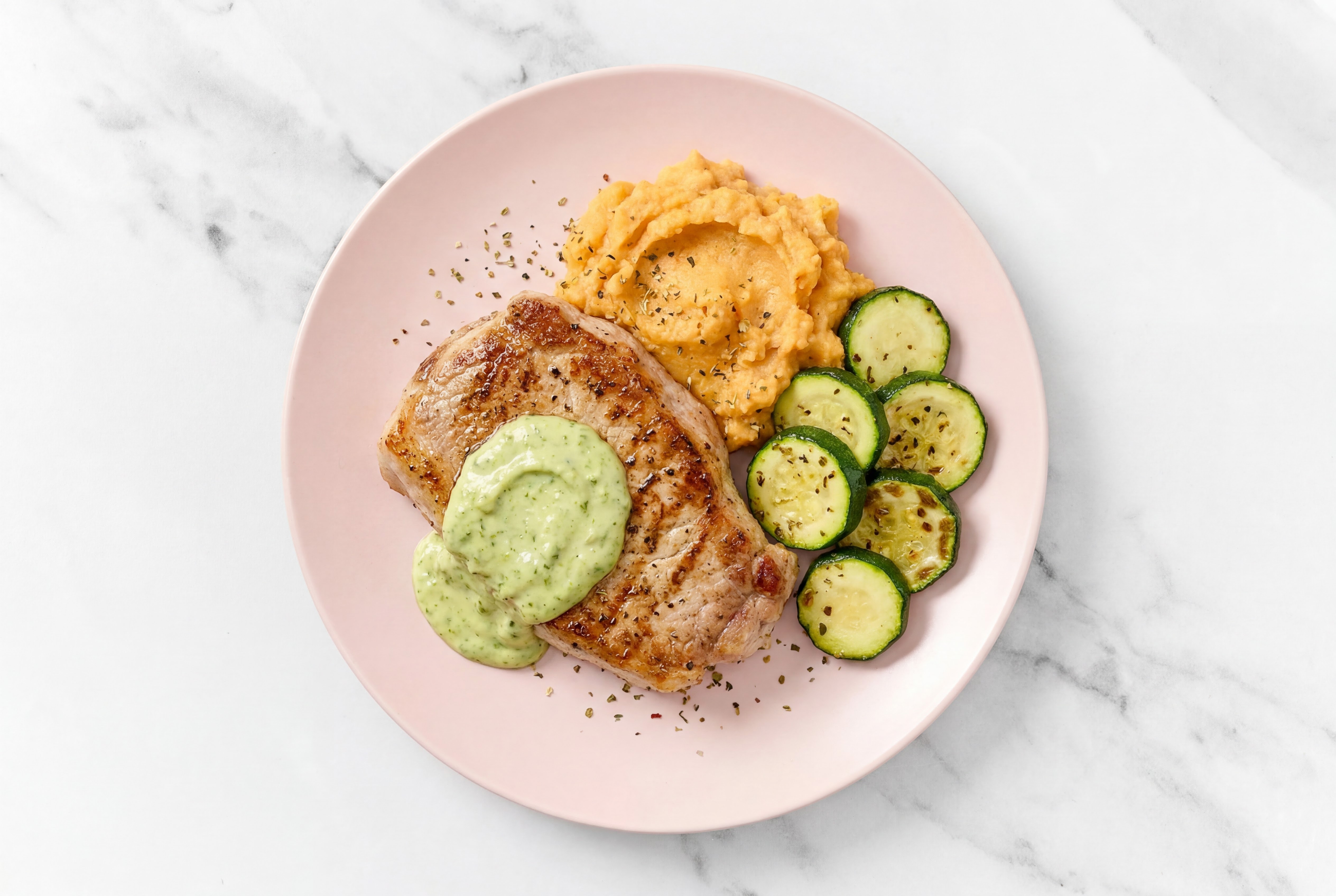 Zucchini-Laced Pork Loin with Sweet Potato + Pesto Aioli