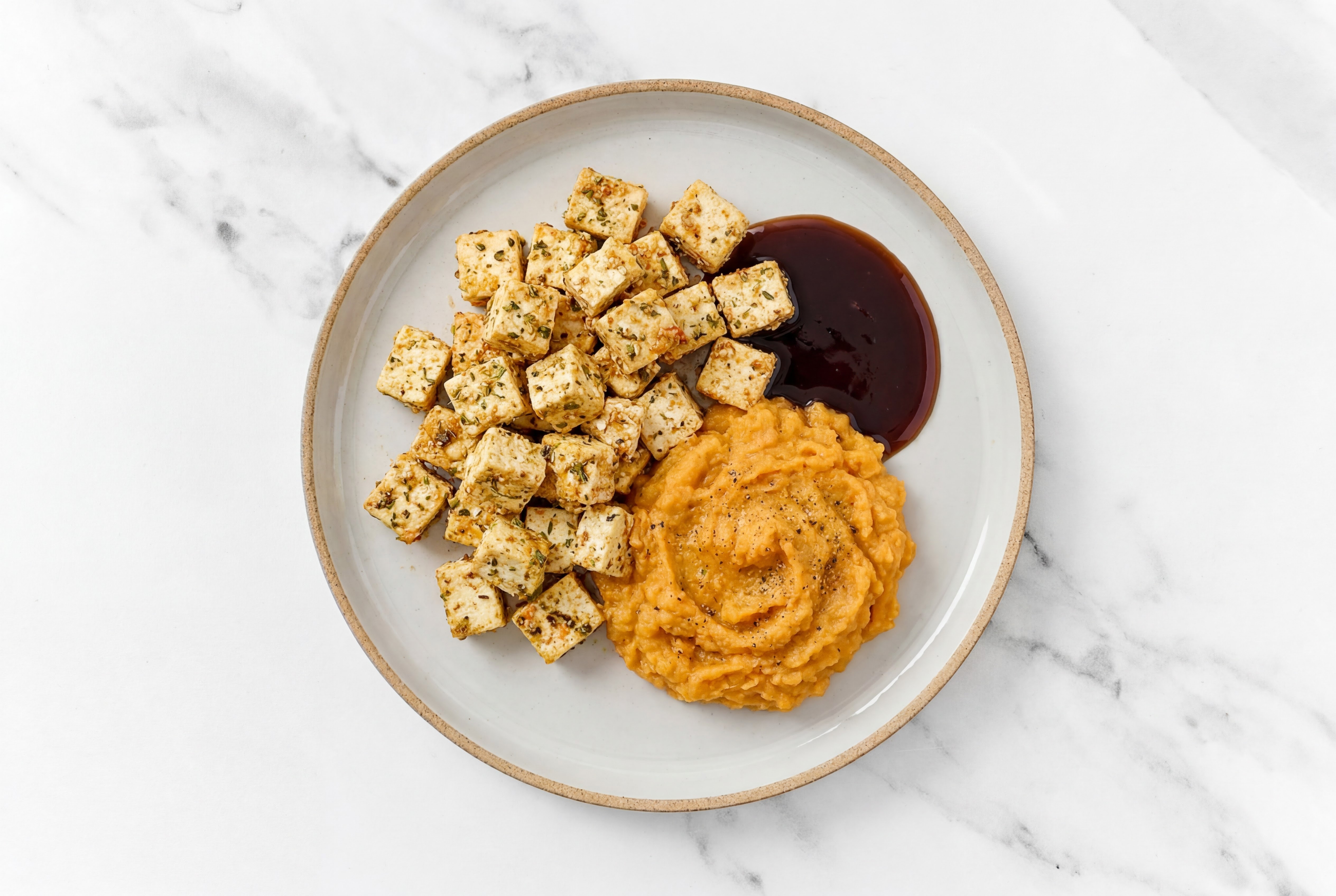 Teriyaki Tofu Bites with Mashed Sweet Potatoes