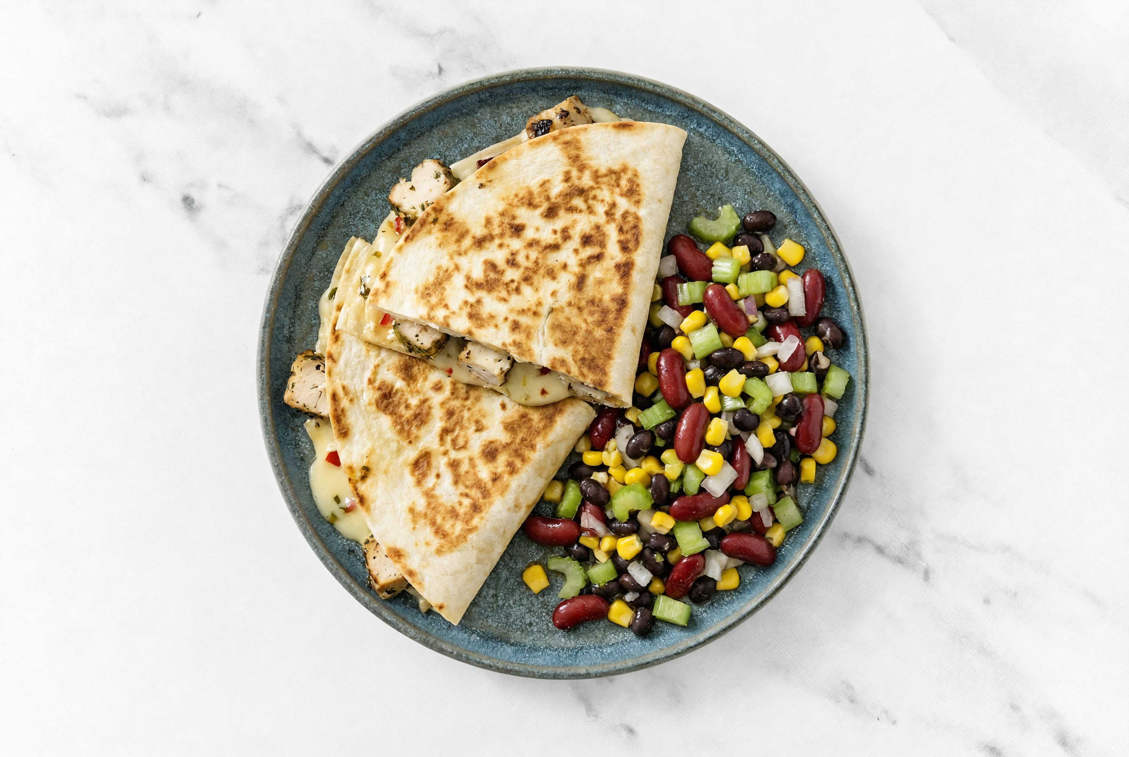 Mediterranean Grilled Chicken Breast Quesadilla with Black Bean Salad