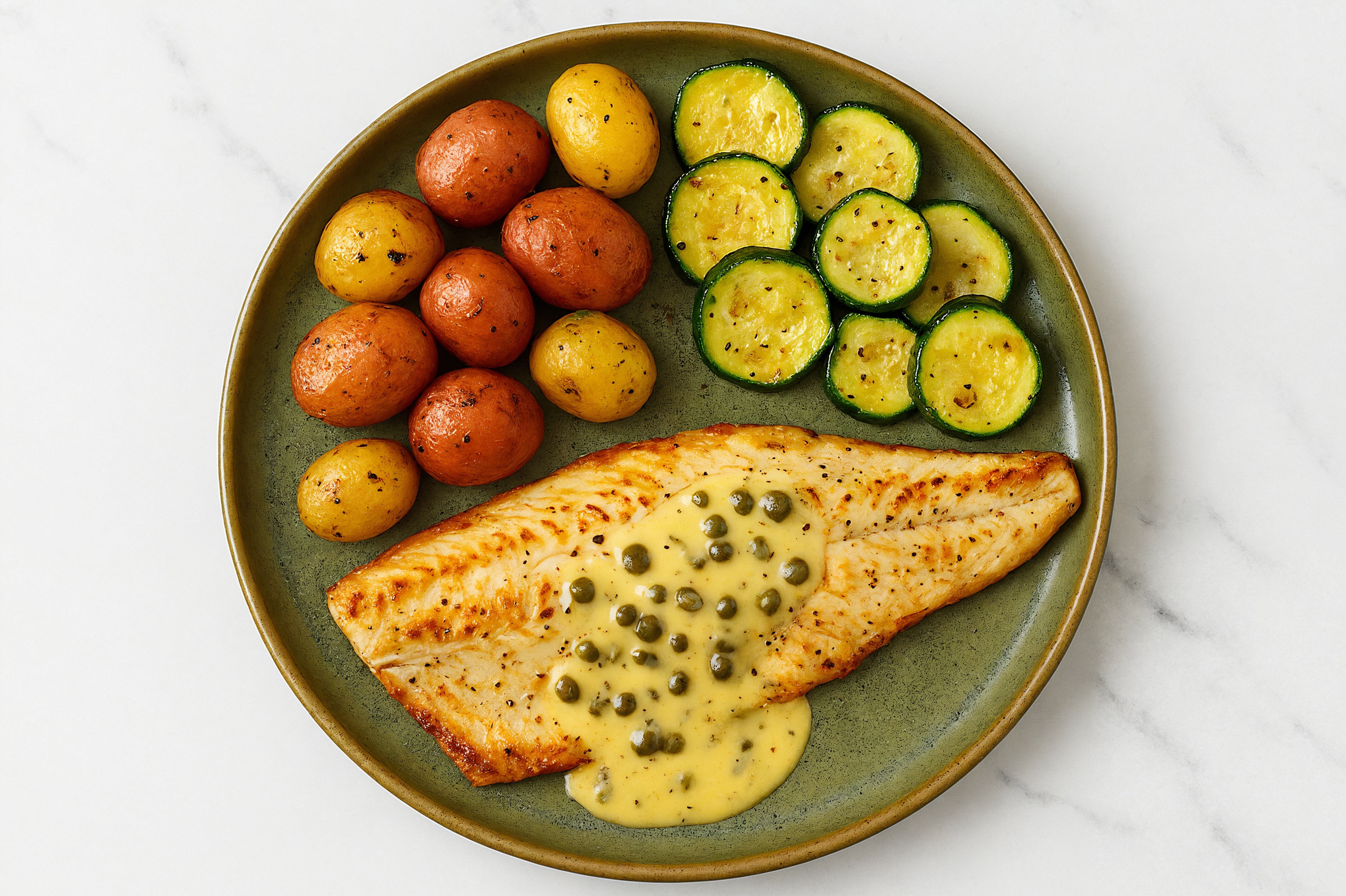 Caper-Slow Churned Lemon & Peppercorn Pasture Butter Trout with Creamer Potatoes & Zucchini