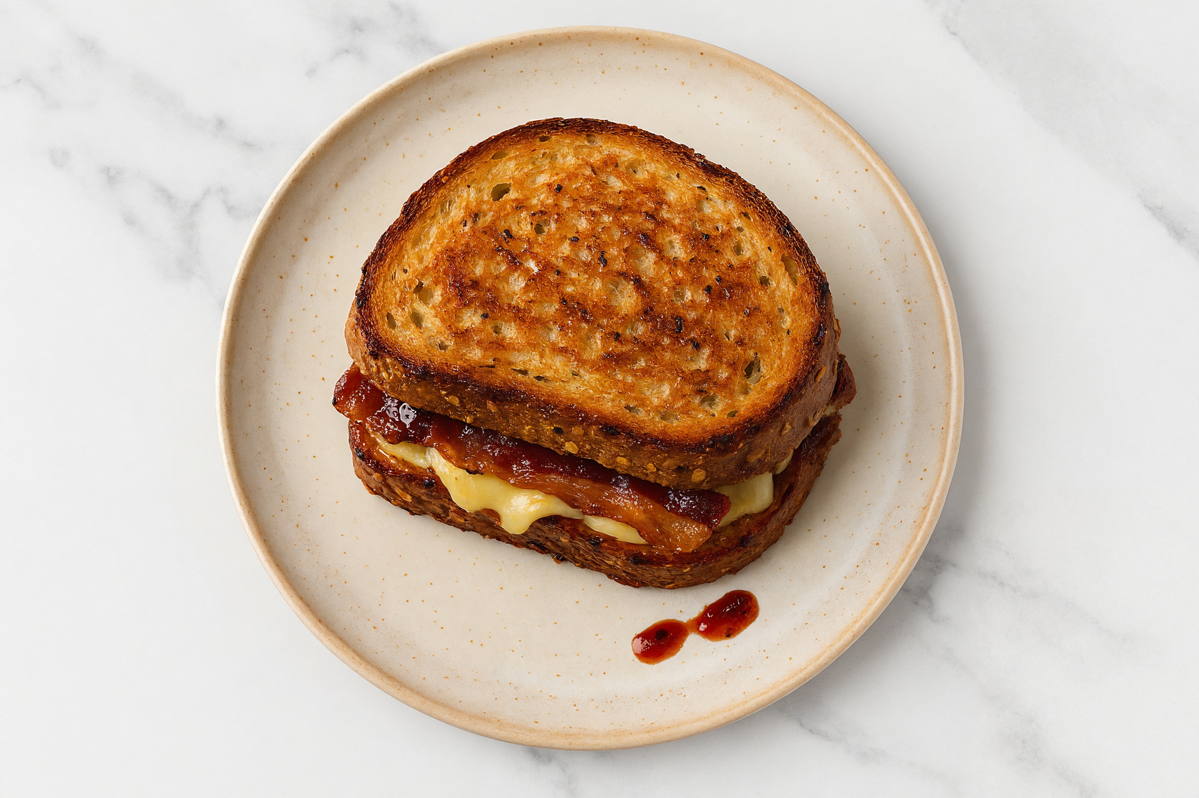 Applewood Smoked Pork Bacon, Havarti + Strawberry Jam Multgrain Sourdough Grilled Cheese