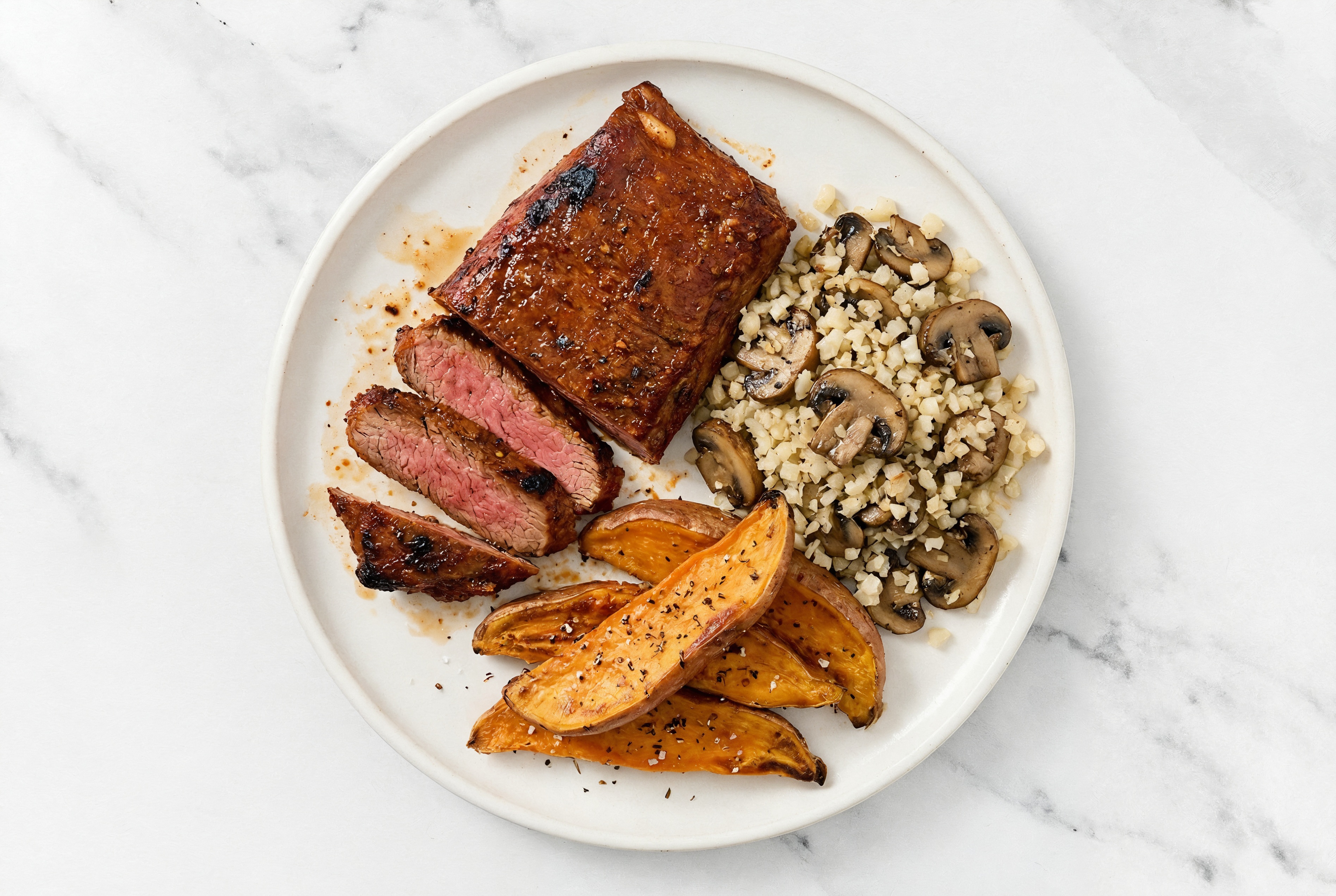 Seared Adobo Marinated Flank Steak + Mushroom Cauliflower Rice