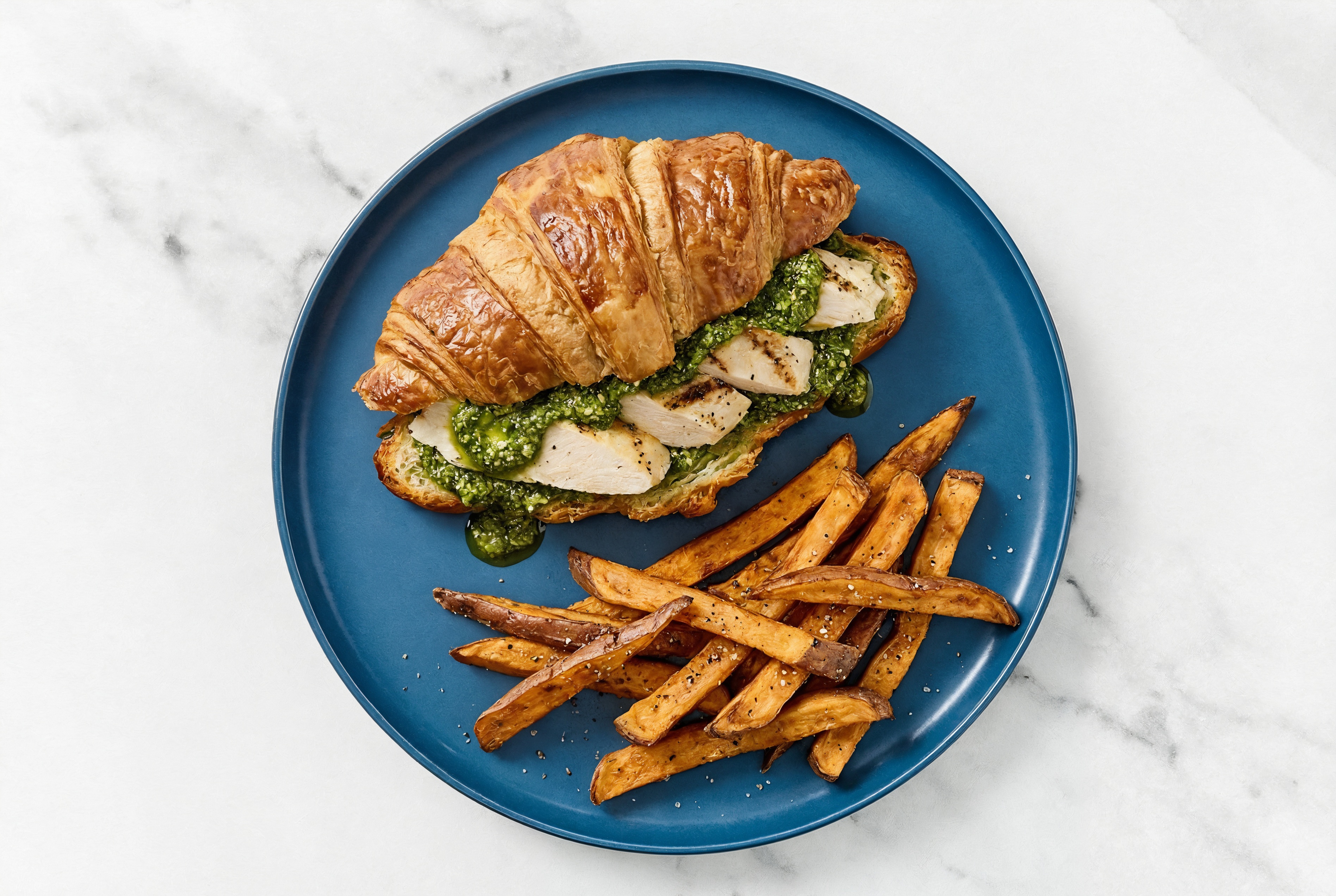 Herby Basil Pesto Seasoned Grilled Chicken Breast Sandwich with Sweet Potato Fries