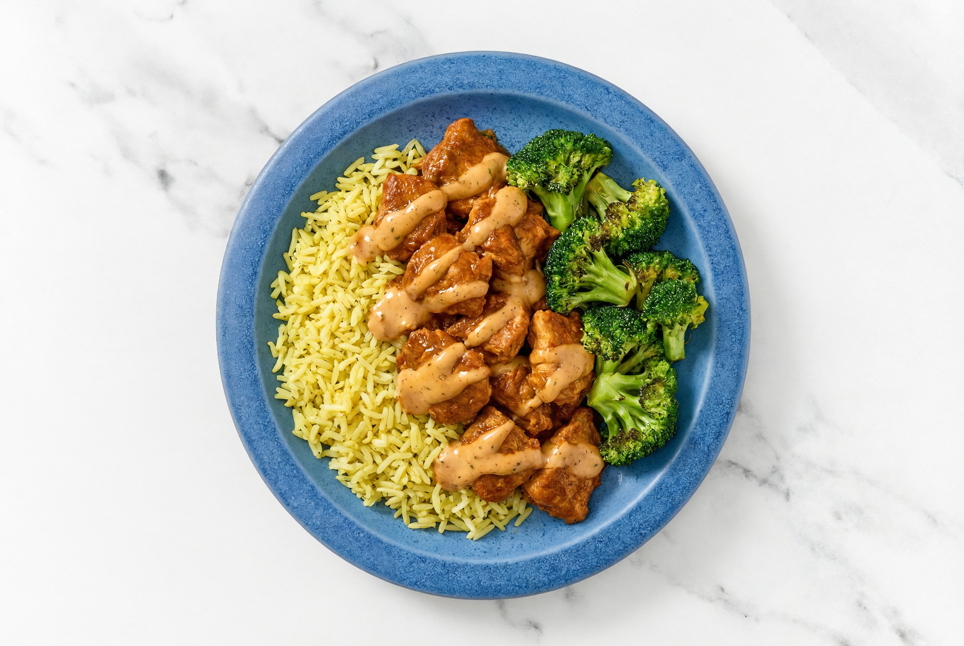 Creamy BBQ Tandoori Chicken Rice Bowl with Broccoli Florets