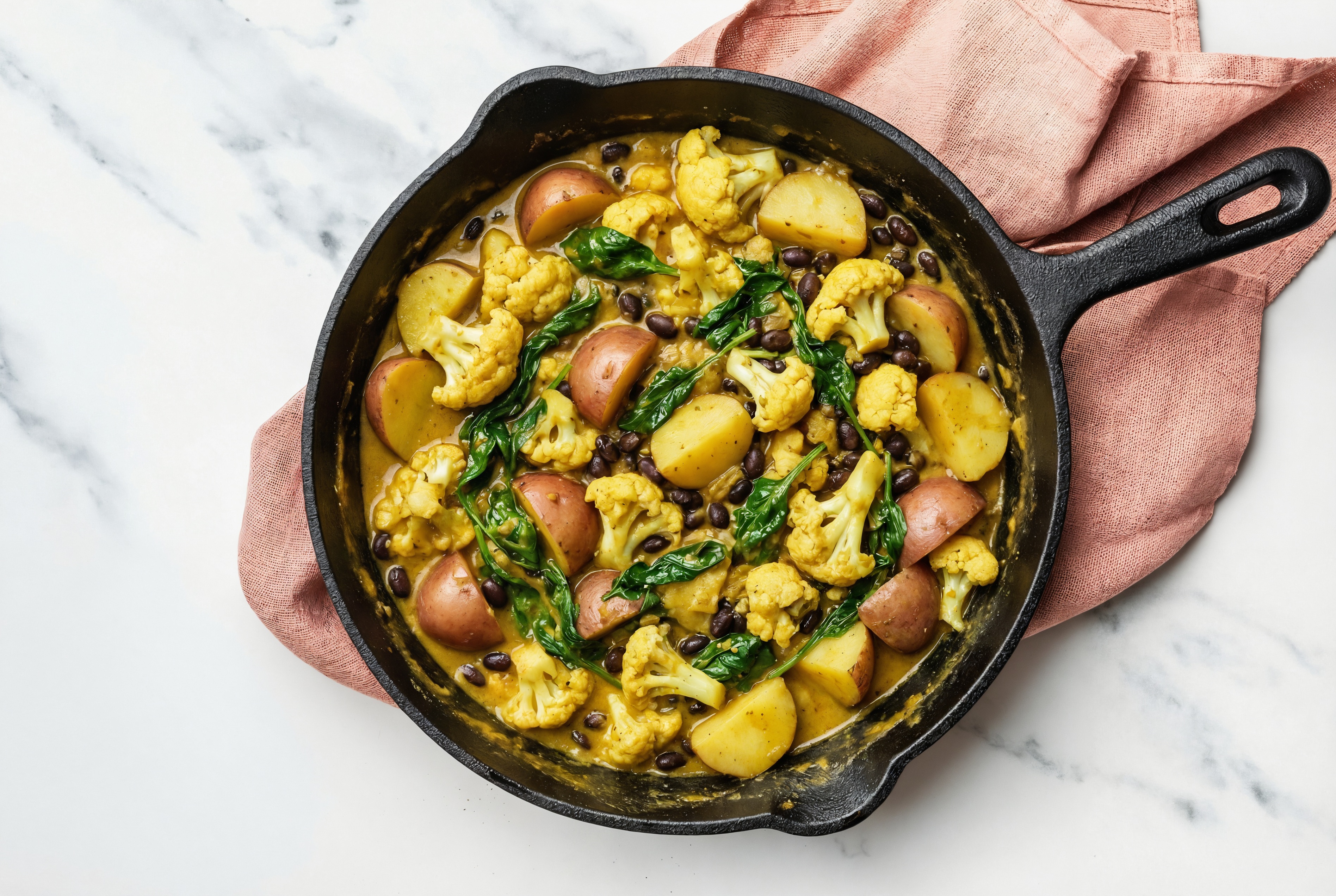 Black Bean, Cauli, Spinach Saute with Coconut Curry + Potatoes