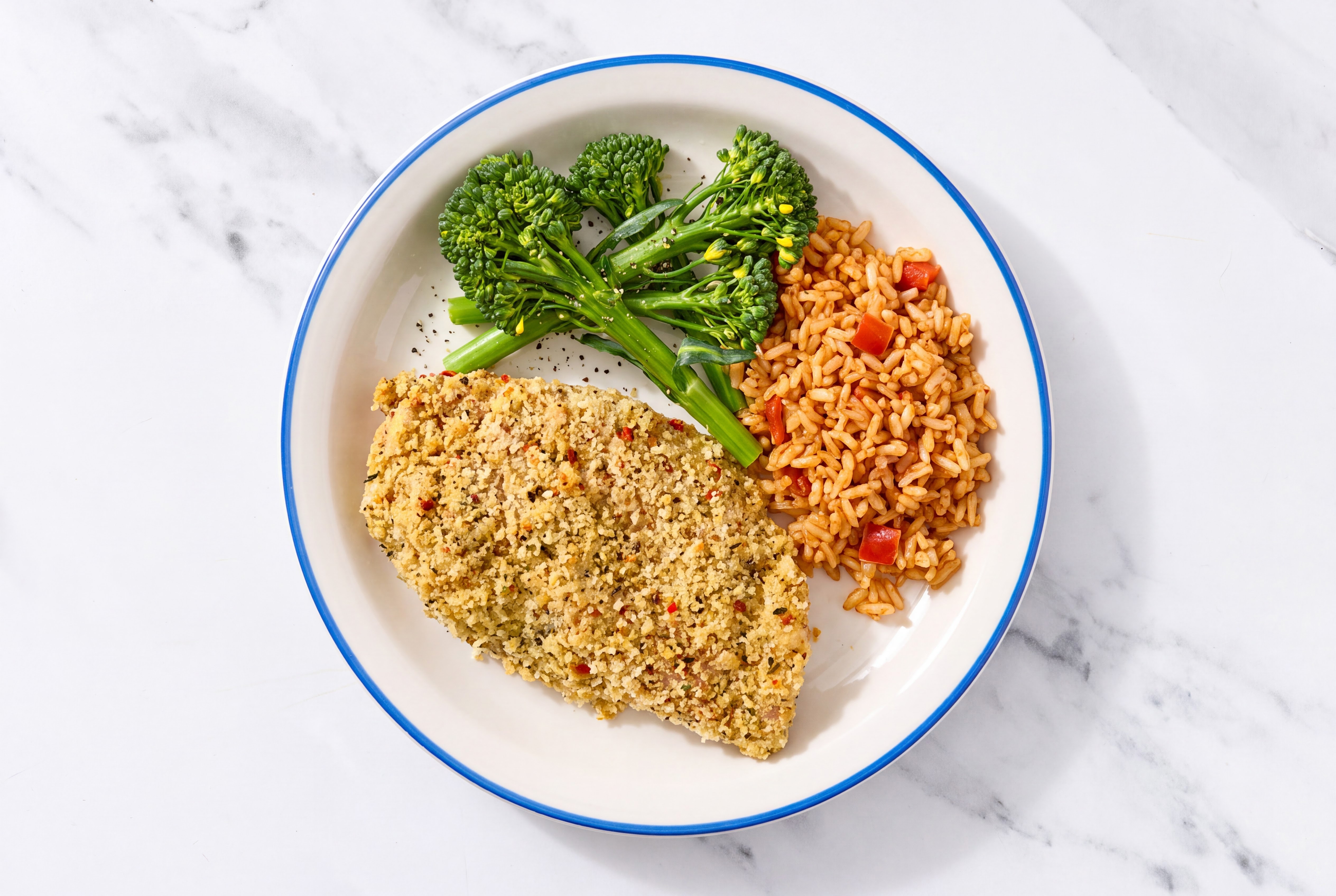 Parmesan Breaded Chicken Cutlet with Baby Broccoli & Mexican Rice