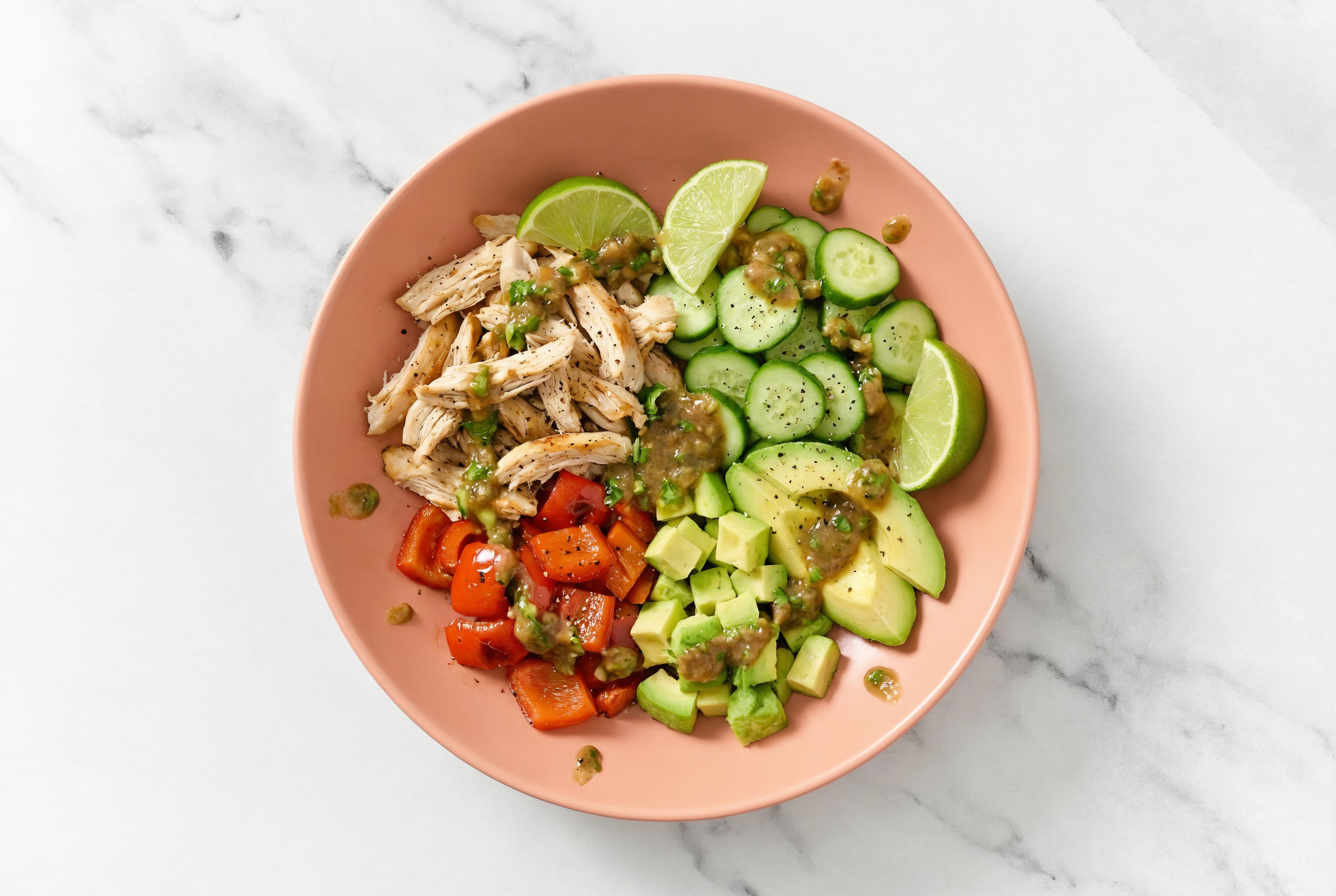 Herby Chicken Bowl with Avocado Lime Dressing with Red Bell Pepper