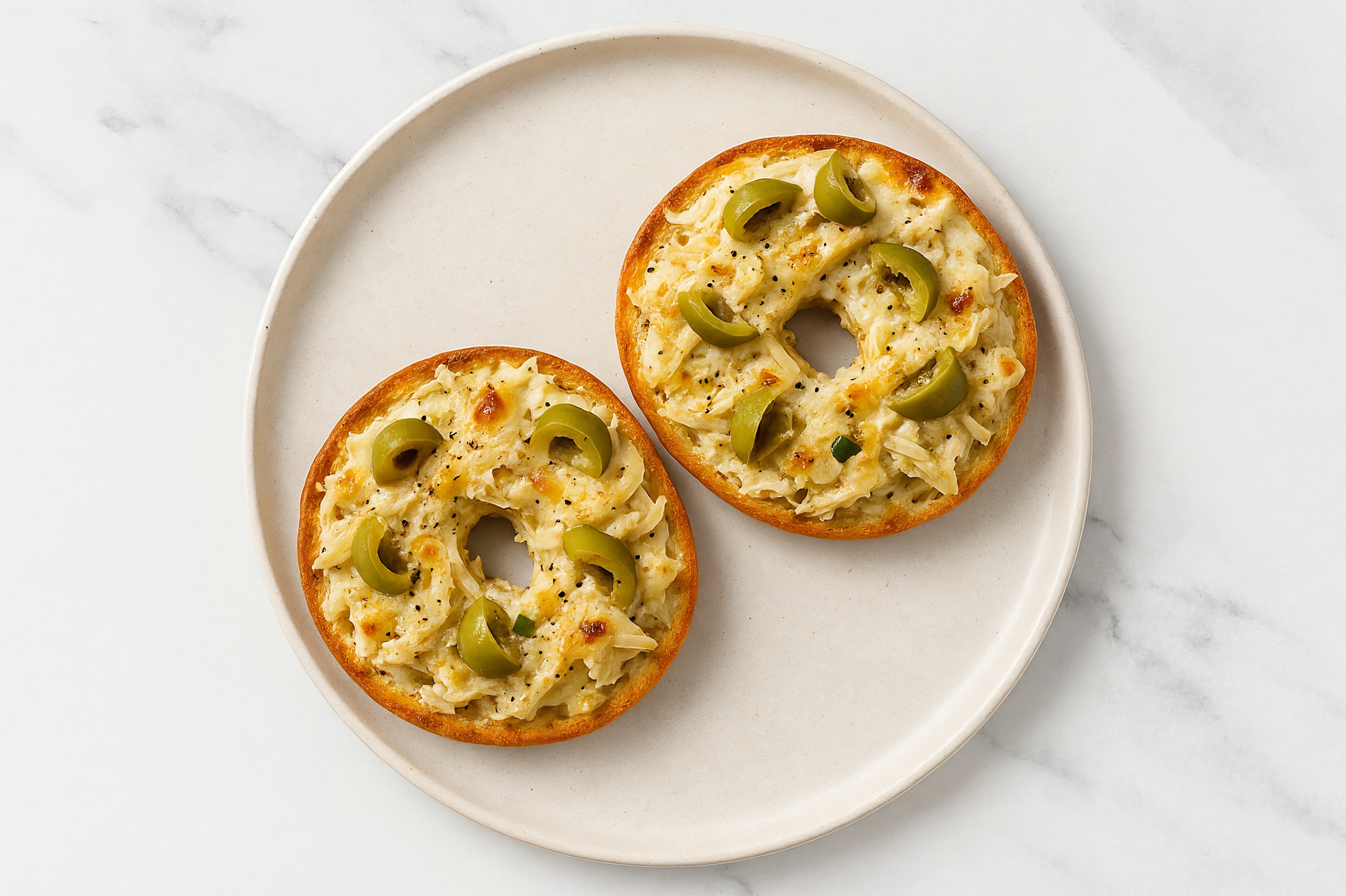 Cheesy Pulled Chicken + Green Olives Pizza Gluten-Free Plain Bagels